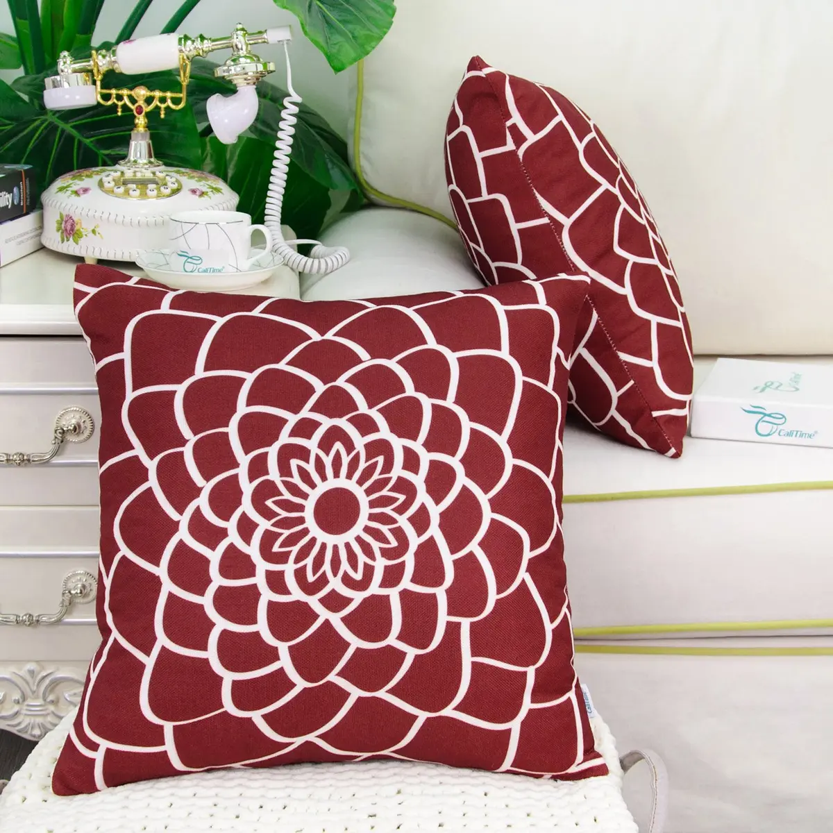 CaliTime Pack of 2 Decorative Pillow Covers 20 x 20 Inches | Dahlia Floral Outline, Dark Red - view 4