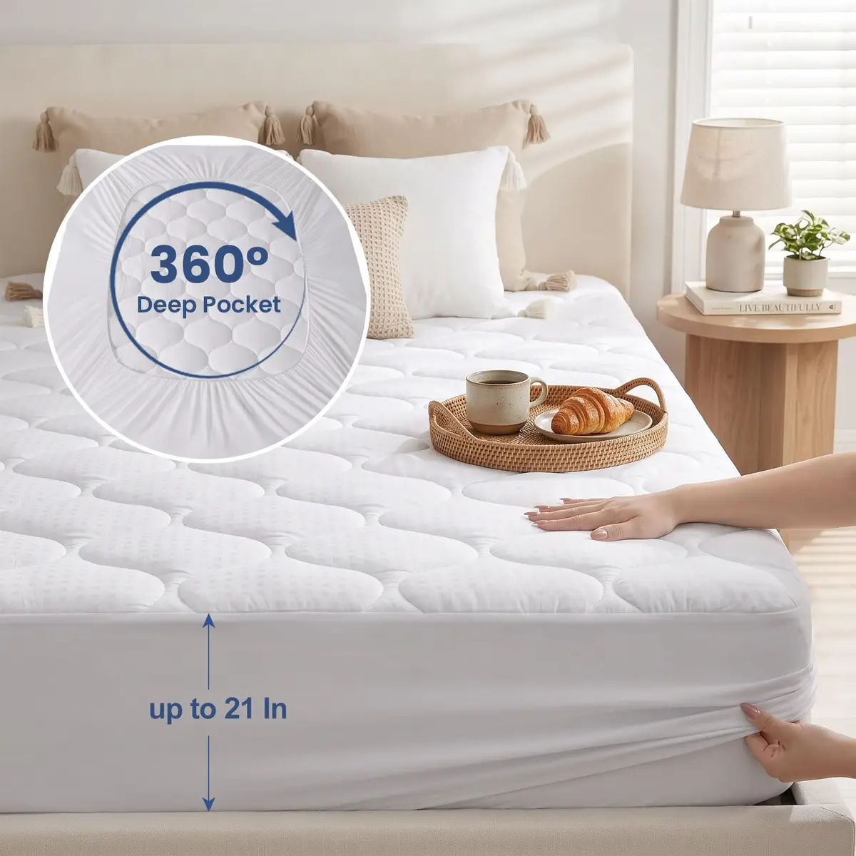 LEISURE TOWN Olympic Queen Mattress Pad Cover 66" x 80" | Deep Pocket Cotton Top Pillow Top with Snow Down Alternative Fill (8-21 Inch) - view 5
