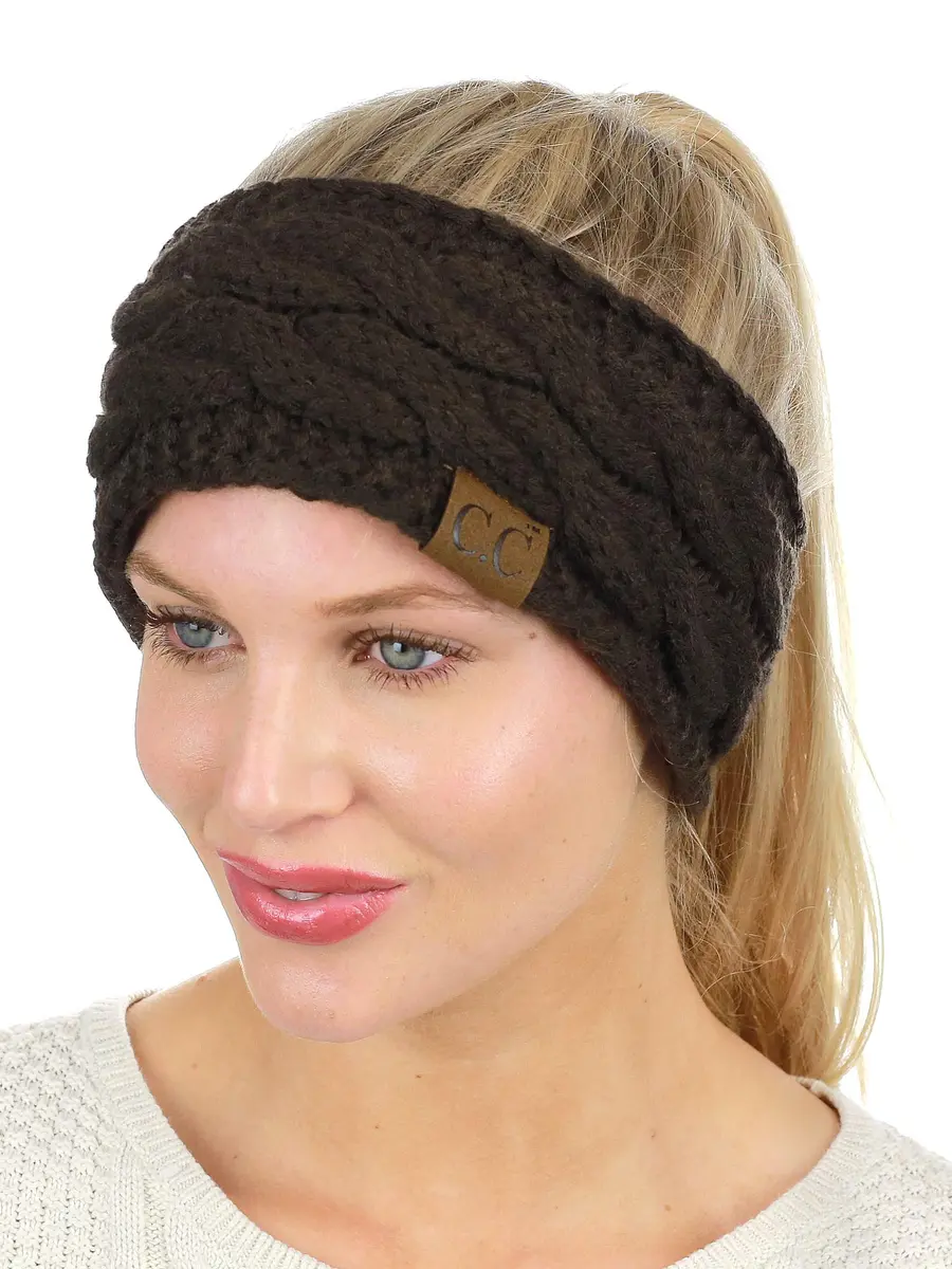 C.C Soft Stretch Winter Warm Cable Knit Fuzzy Lined Ear Warmer Headband, Brown | No Closure, Acrylic, Adult - main product image