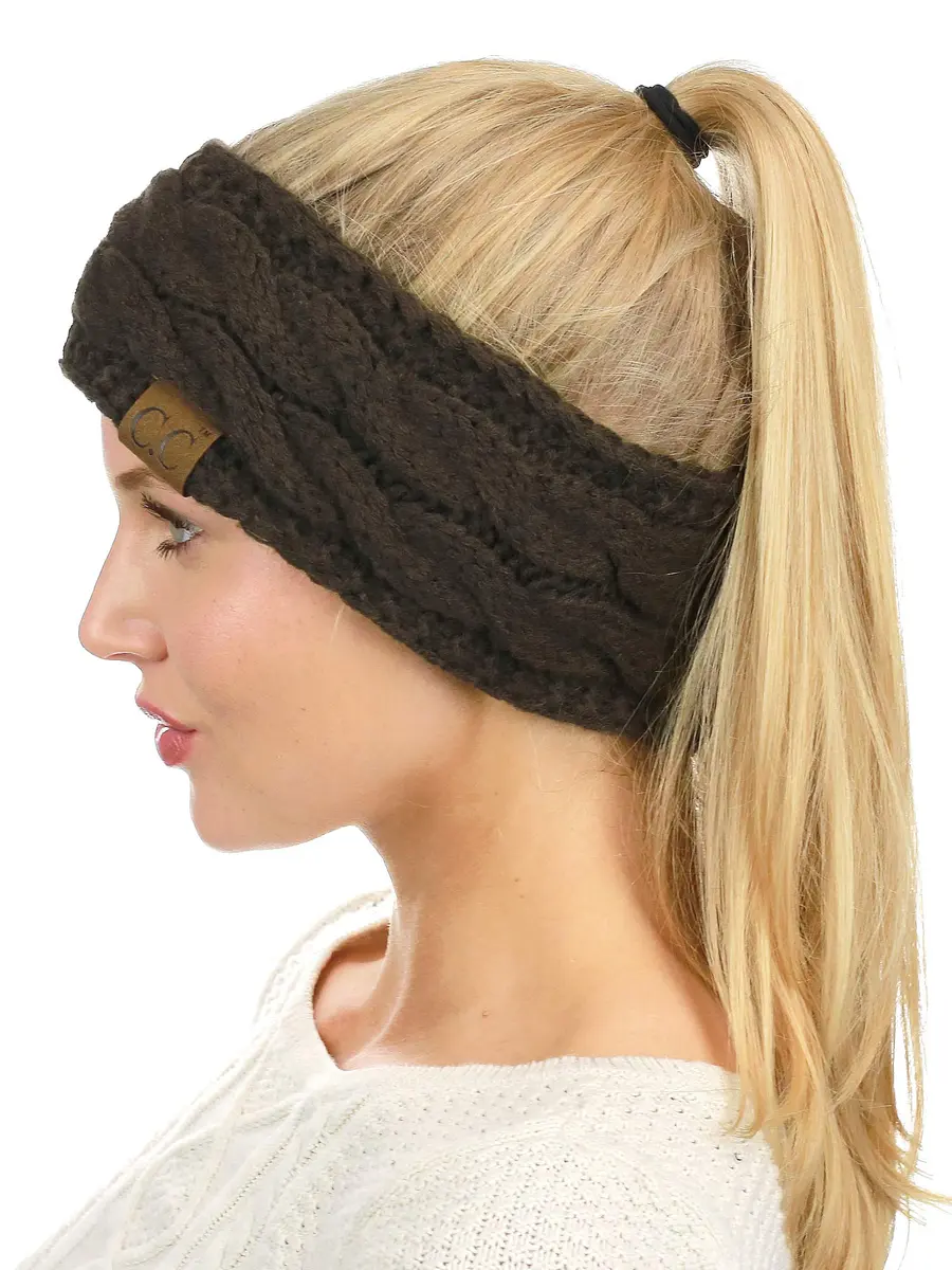 C.C Soft Stretch Winter Warm Cable Knit Fuzzy Lined Ear Warmer Headband, Brown | No Closure, Acrylic, Adult - view 2