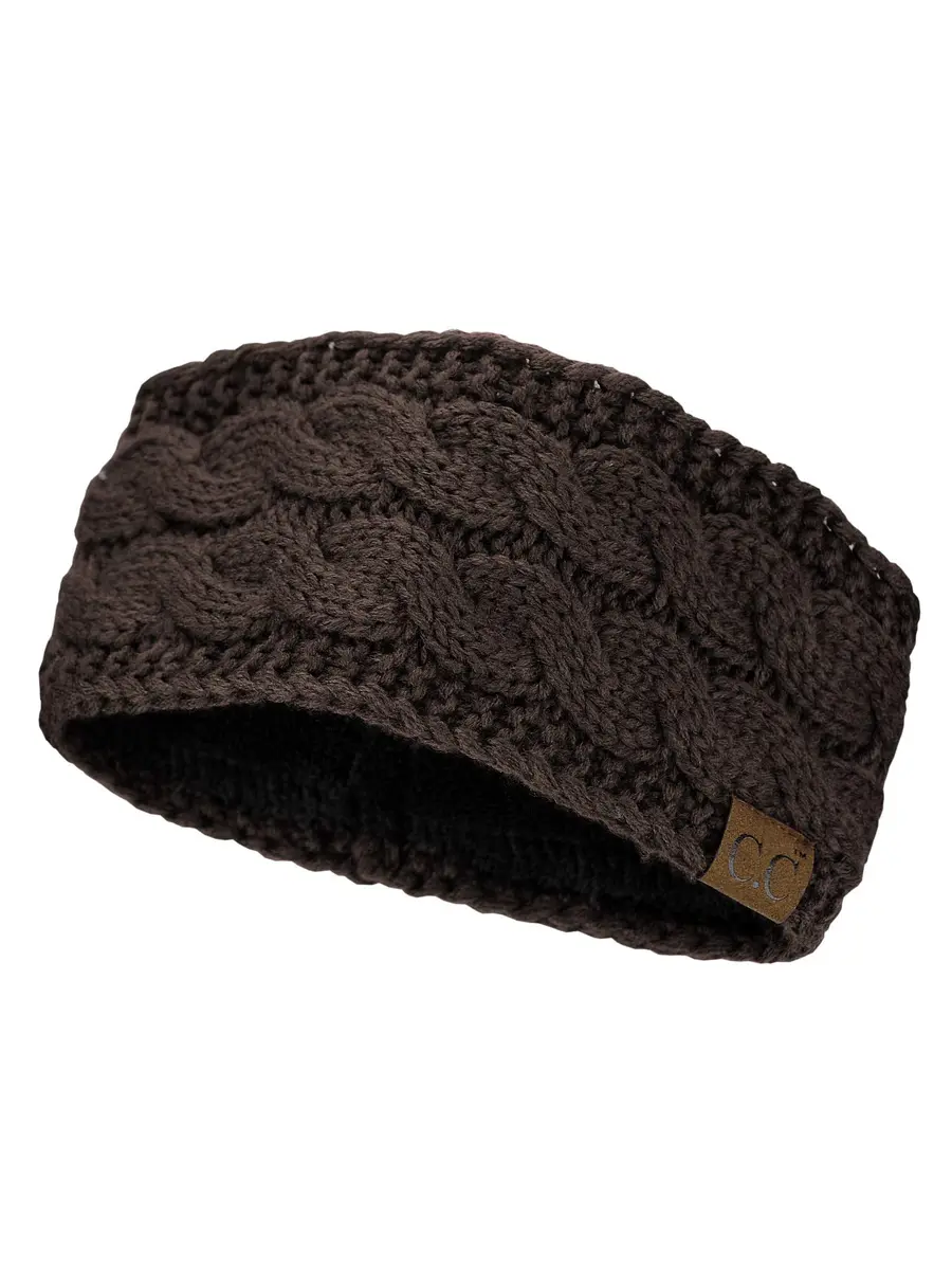 C.C Soft Stretch Winter Warm Cable Knit Fuzzy Lined Ear Warmer Headband, Brown | No Closure, Acrylic, Adult - view 3
