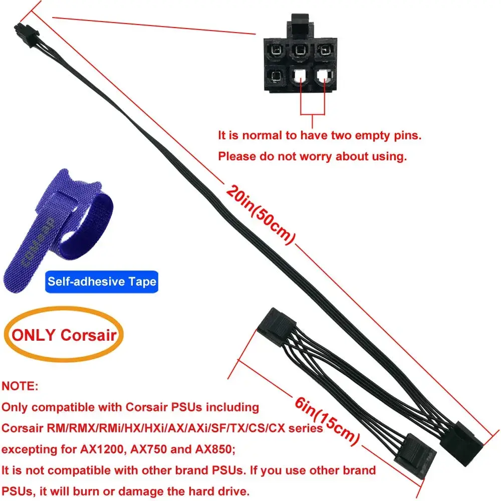 COMeap 6 Pin to 3x Molex Female Power Cable 50cm (20in) | Connects Corsair PSUs to Risers & Drives - view 2
