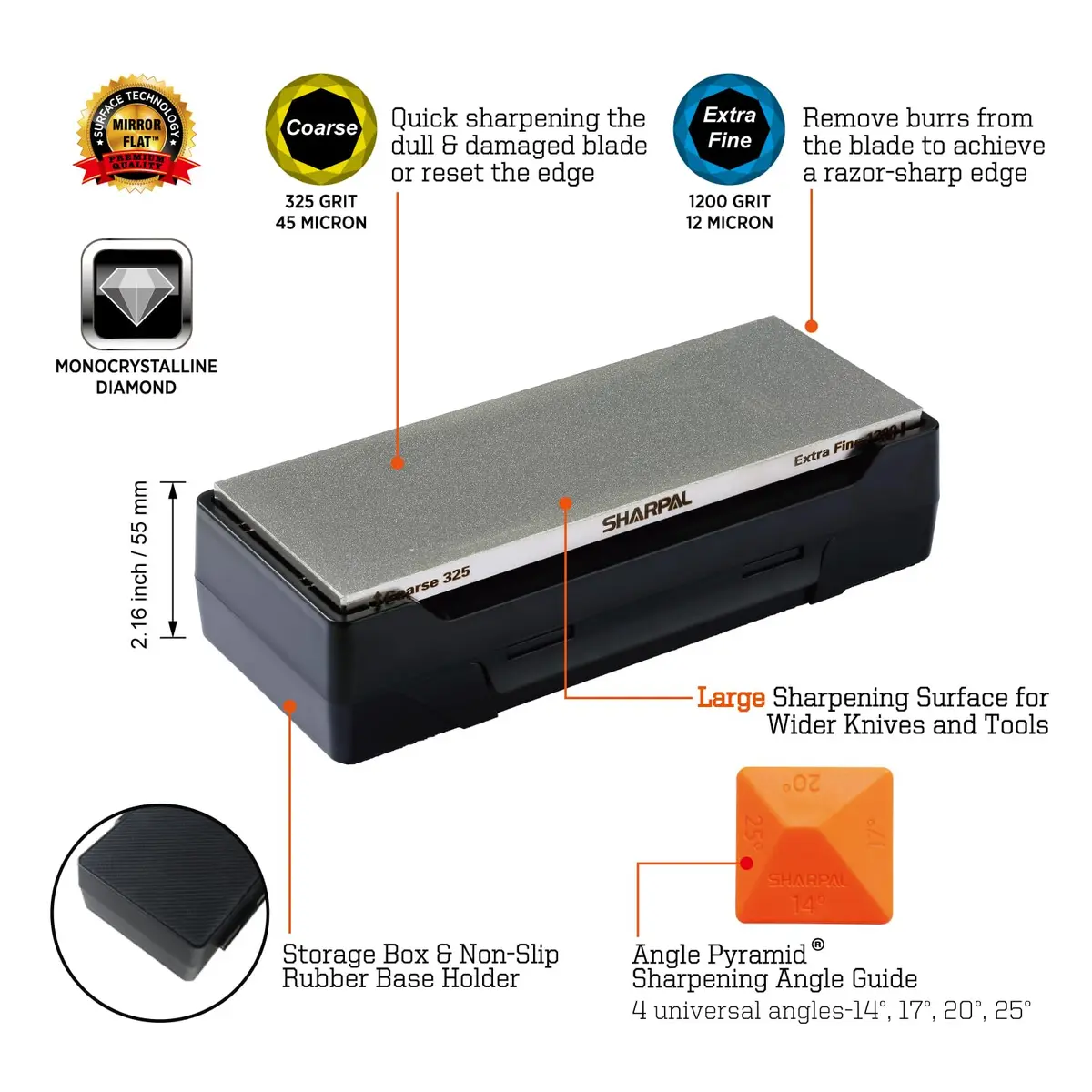 SHARPAL 162N Diamond Sharpening Stone 20.3 cm x 7.6 cm (8 in. x 3 in.) | Dual Grit Coarse 325 & Fine 1200 - view 2
