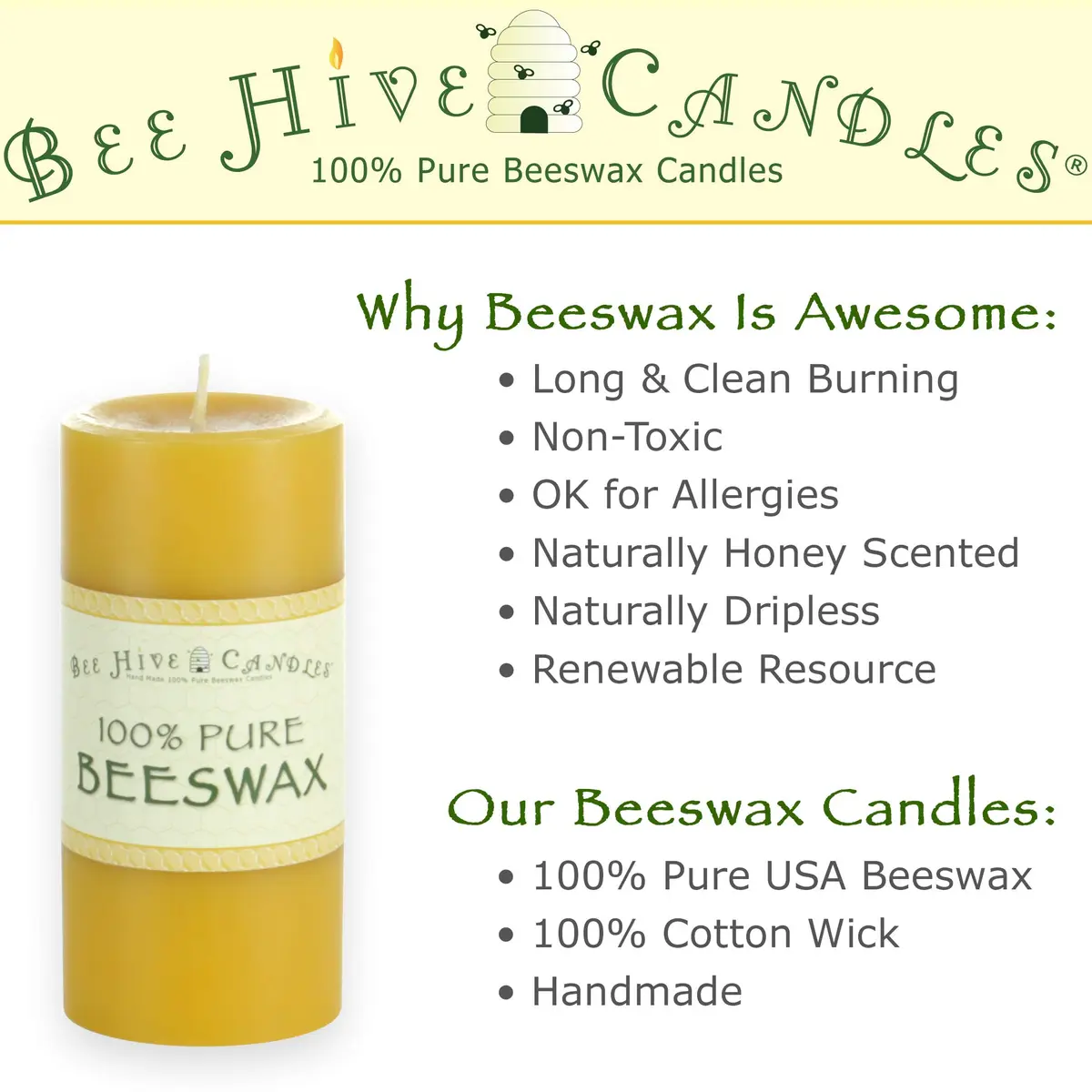 Bee Hive Candles 100% Pure Beeswax Pillar Candle (2" x 3" | Natural Honey Scent, 3-Pack) - view 5