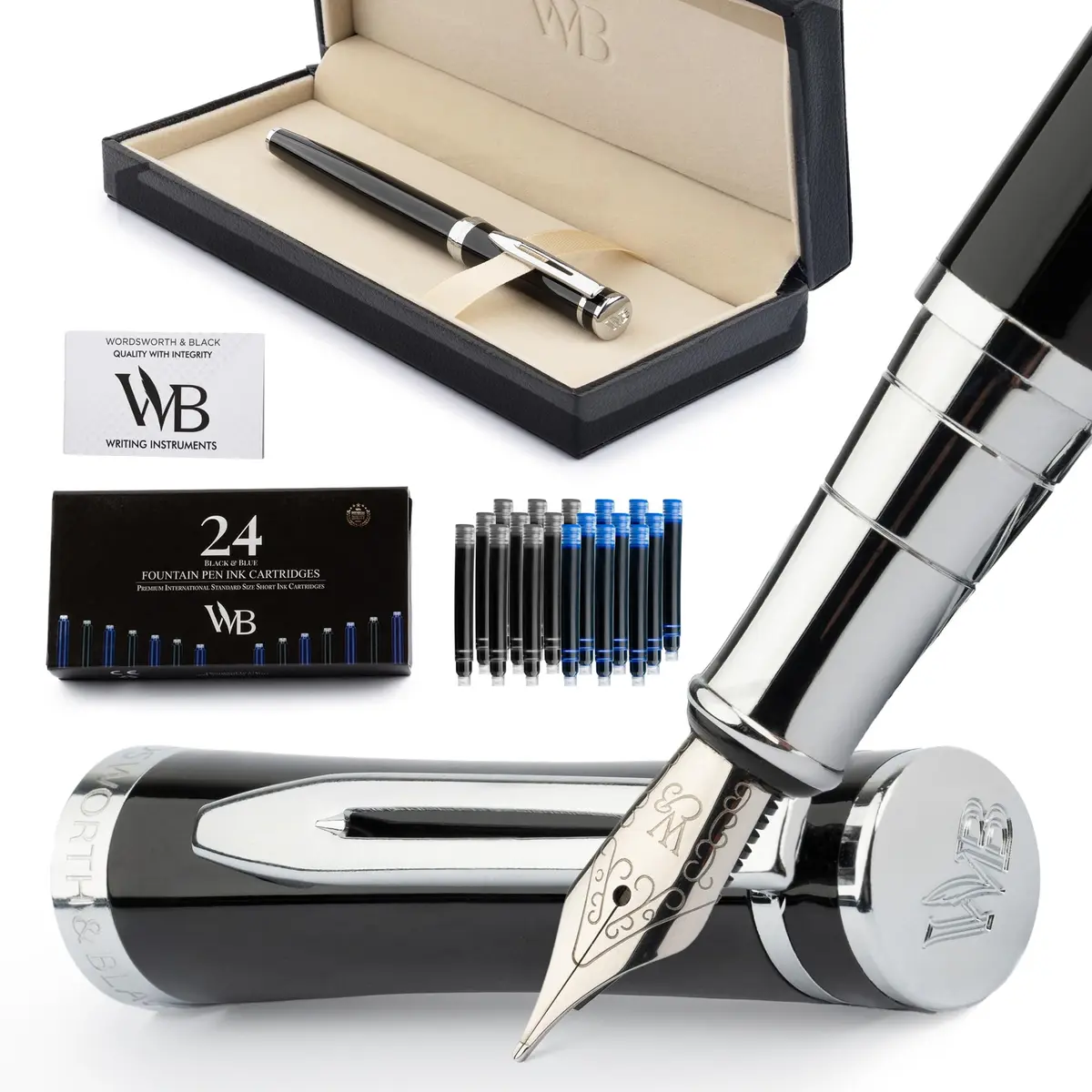 Wordsworth & Black Luxury Fountain Pen Set Medium Nib Black Chrome | German Iridium Nib, Brass Body, 24 Ink Cartridges, Leather Gift Box - main product image