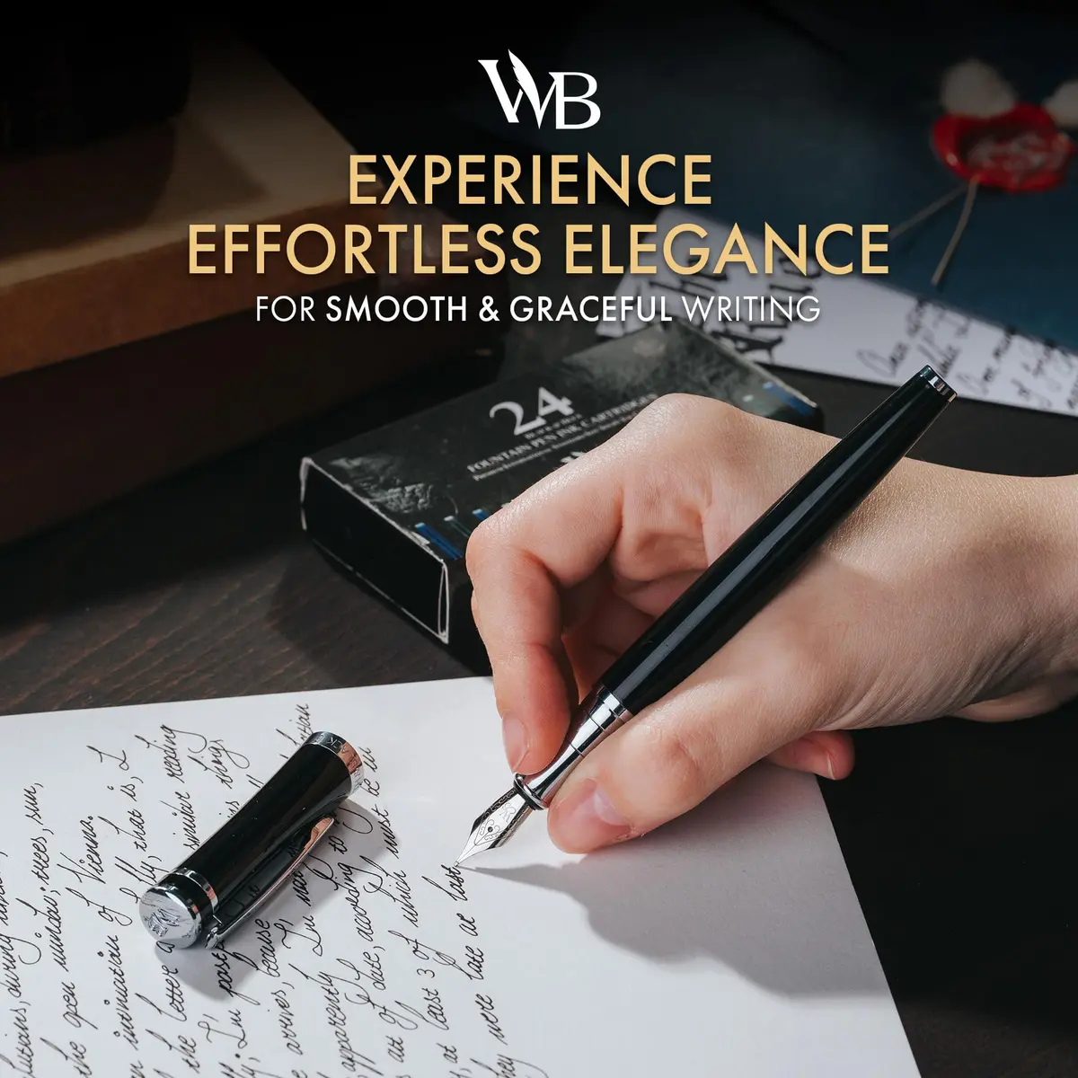 Wordsworth & Black Luxury Fountain Pen Set Medium Nib Black Chrome | German Iridium Nib, Brass Body, 24 Ink Cartridges, Leather Gift Box - view 2