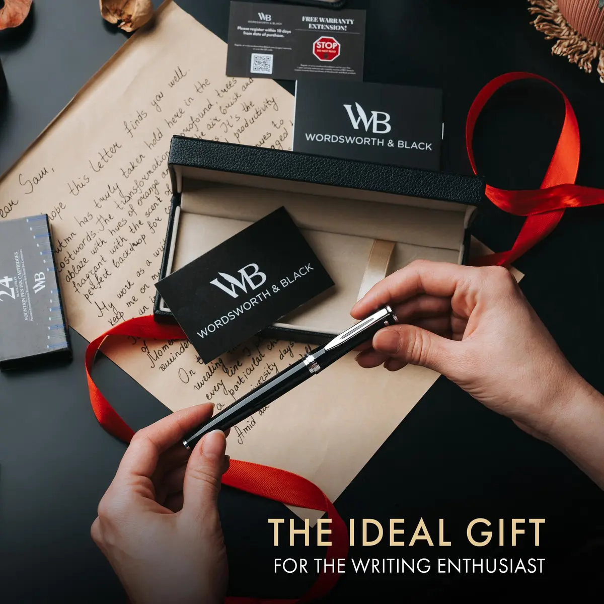 Wordsworth & Black Luxury Fountain Pen Set Medium Nib Black Chrome | German Iridium Nib, Brass Body, 24 Ink Cartridges, Leather Gift Box - view 3