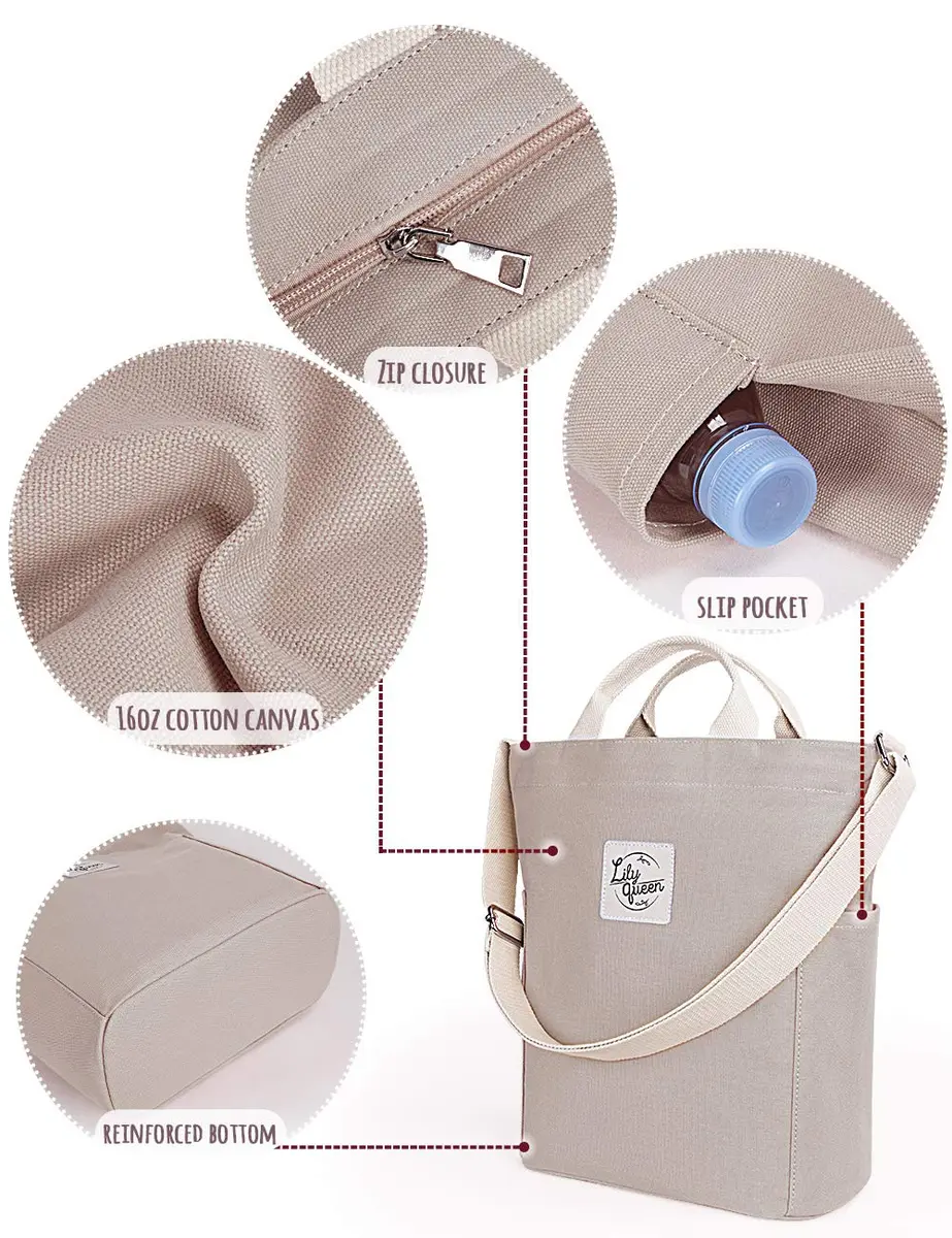 Lily queen Women Canvas Tote Handbag | Casual Hobo Shoulder Bag Crossbody in Taupe Grey - view 5