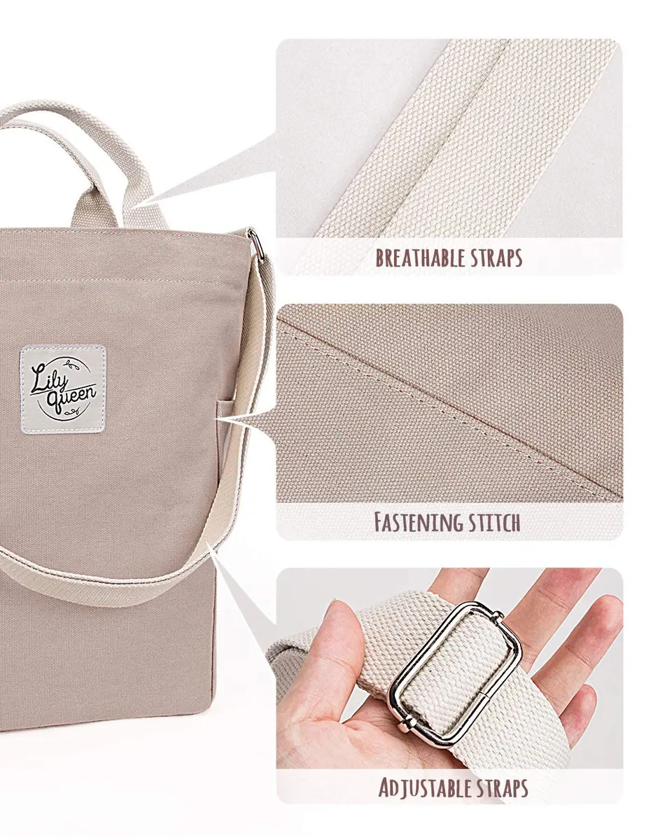 Lily queen Women Canvas Tote Handbag | Casual Hobo Shoulder Bag Crossbody in Taupe Grey - view 6