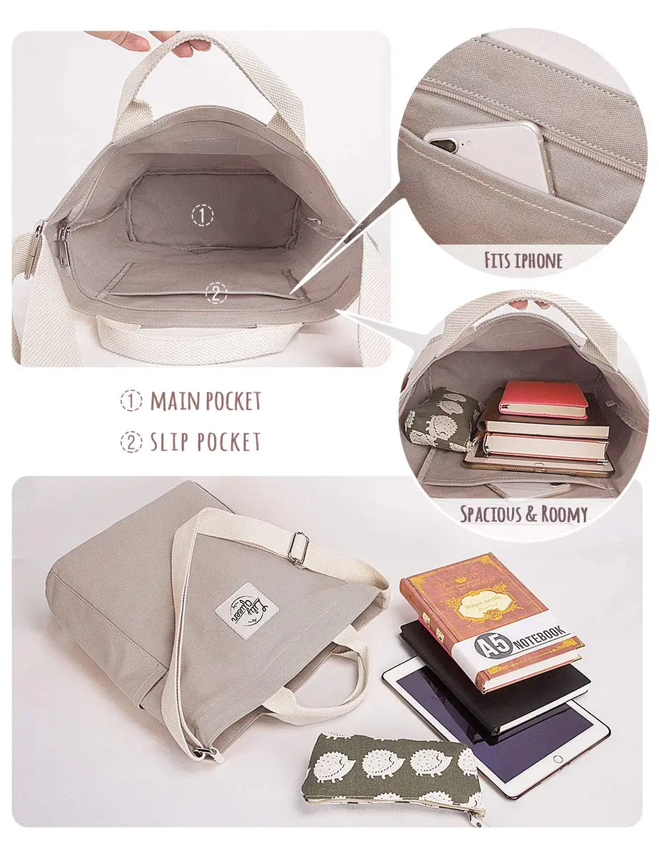 Lily queen Women Canvas Tote Handbag | Casual Hobo Shoulder Bag Crossbody in Taupe Grey - view 3