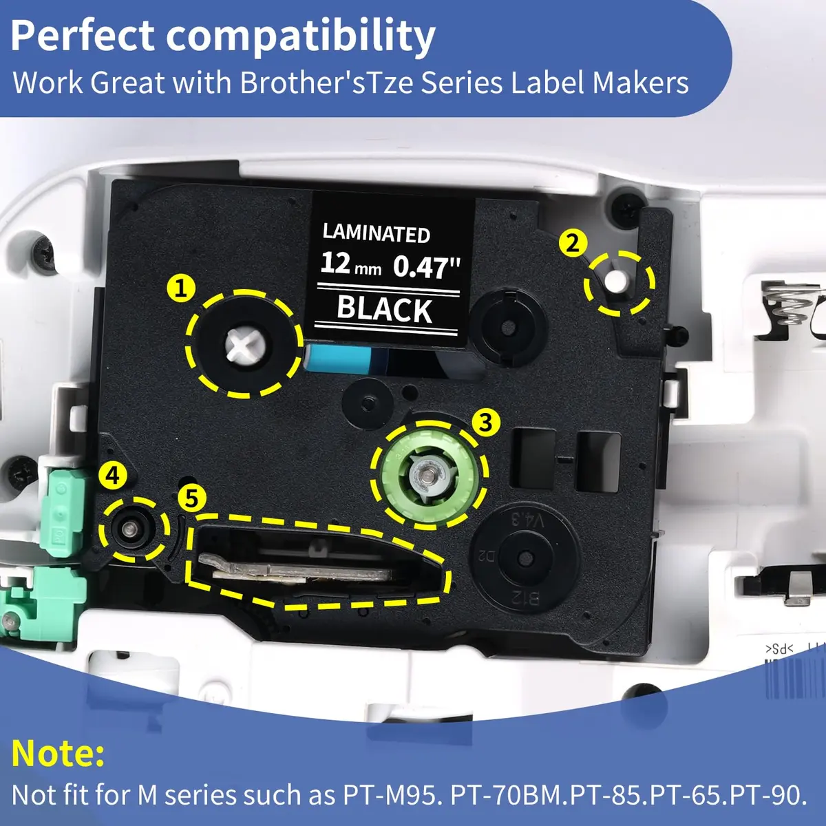 COLORWING White on Black TZe-335 Label Tape 12mm (0.47") x 8m | Compatible with Brother P-Touch Label Makers (4-Pack) - view 2