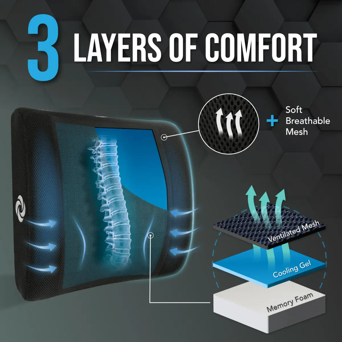 Samsonite Cooling Memory Foam Lumbar Support Pillow with Adjustable Strap & Breathable Mesh Cover | Ergonomic Back Cushion for Office Chair, Car Seat, Gaming Chair (Black Mesh) - view 4