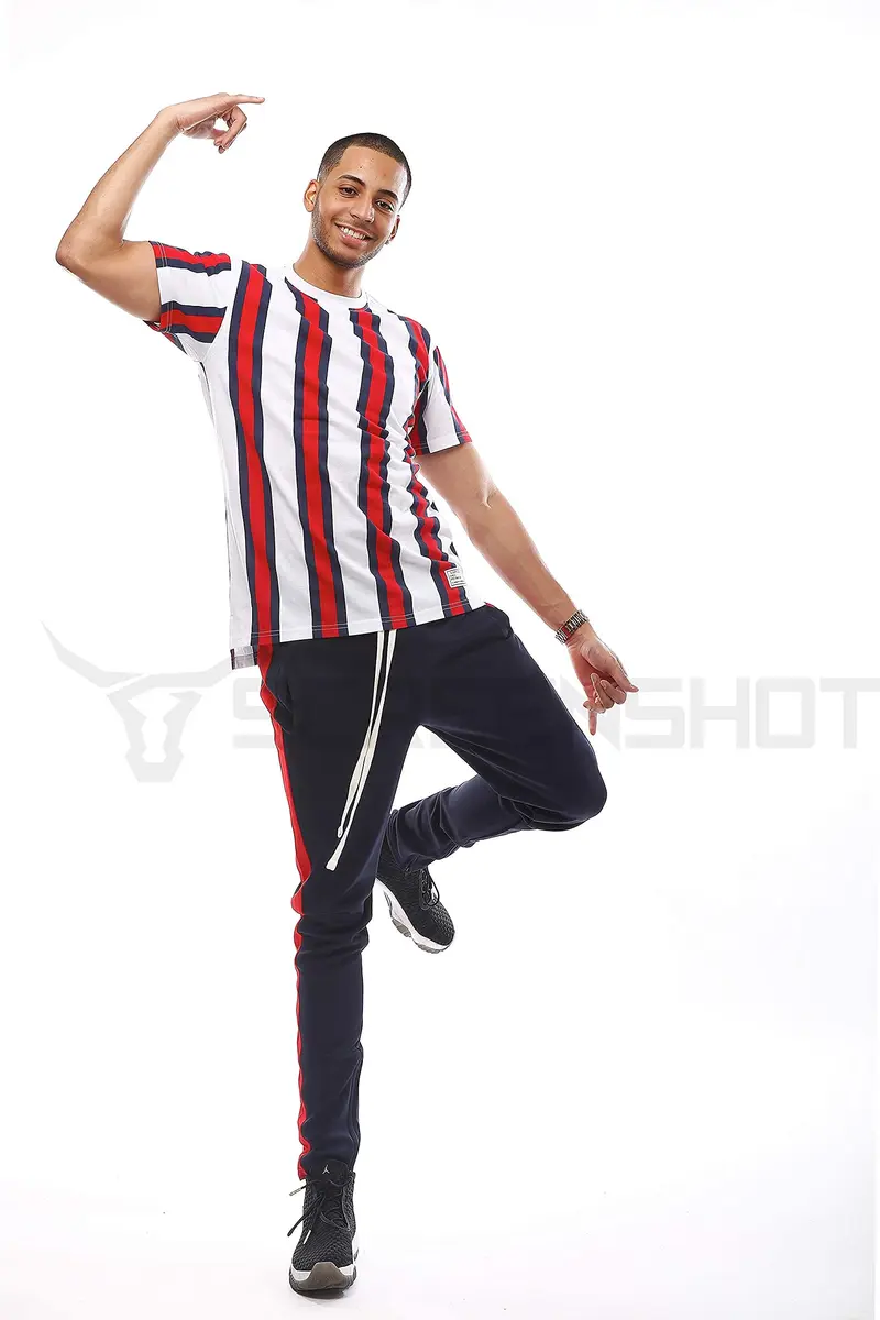 SCREENSHOT Men's Slim Fit Workout Track Pants S41700-Blue/Red | Athletic Slim Fit, Mid Rise, Cuffed, 95% Poly/5% Spandex, Small - view 2
