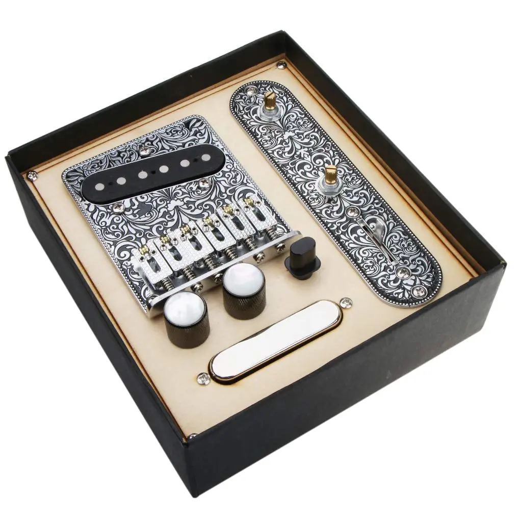 Alnicov 6 Strings Saddle Bridge Plate, 3 Way Switch Control Plate, Neck Pickup Set for Fender Telecaster Electric Guitars Replacement Parts (Black) | Guitar Hardware Kit - main product image
