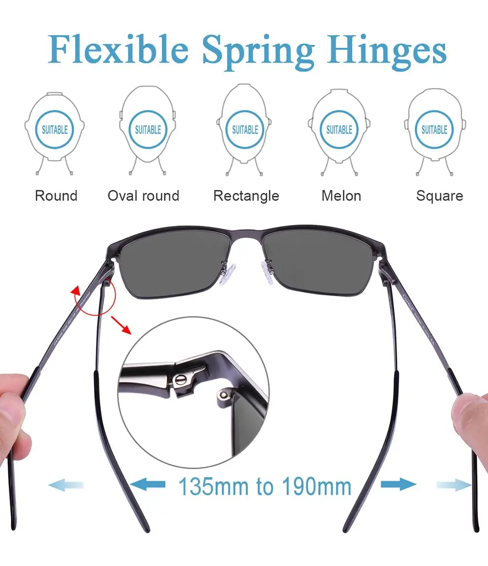 CARFIA Polarized Sunglasses for Men Spring Hinge Metal Frame CA5225 | Classic Square Design, UV400, Spring Hinge, Includes Leather Case - view 5