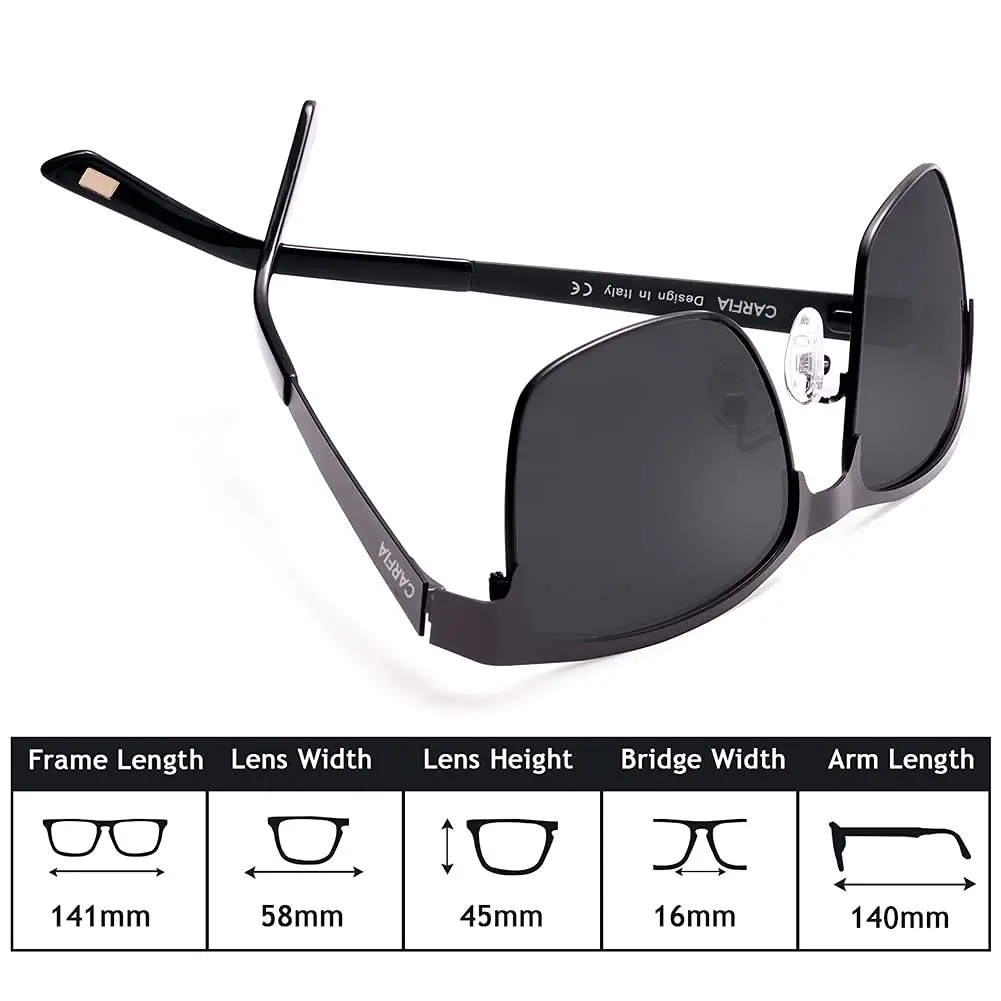 CARFIA Polarized Sunglasses for Men Spring Hinge Metal Frame CA5225 | Classic Square Design, UV400, Spring Hinge, Includes Leather Case - view 6
