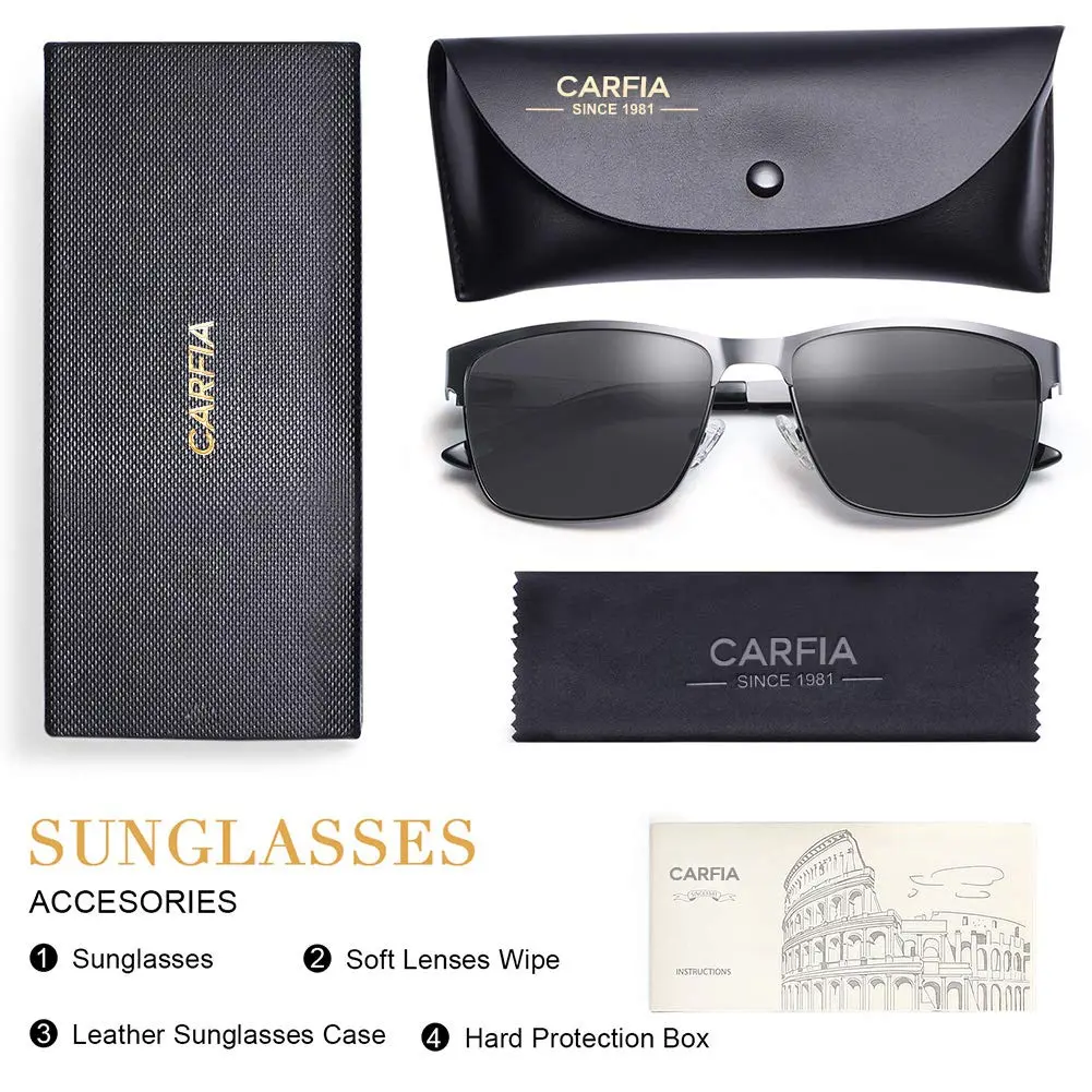 CARFIA Polarized Sunglasses for Men Spring Hinge Metal Frame CA5225 | Classic Square Design, UV400, Spring Hinge, Includes Leather Case - view 7