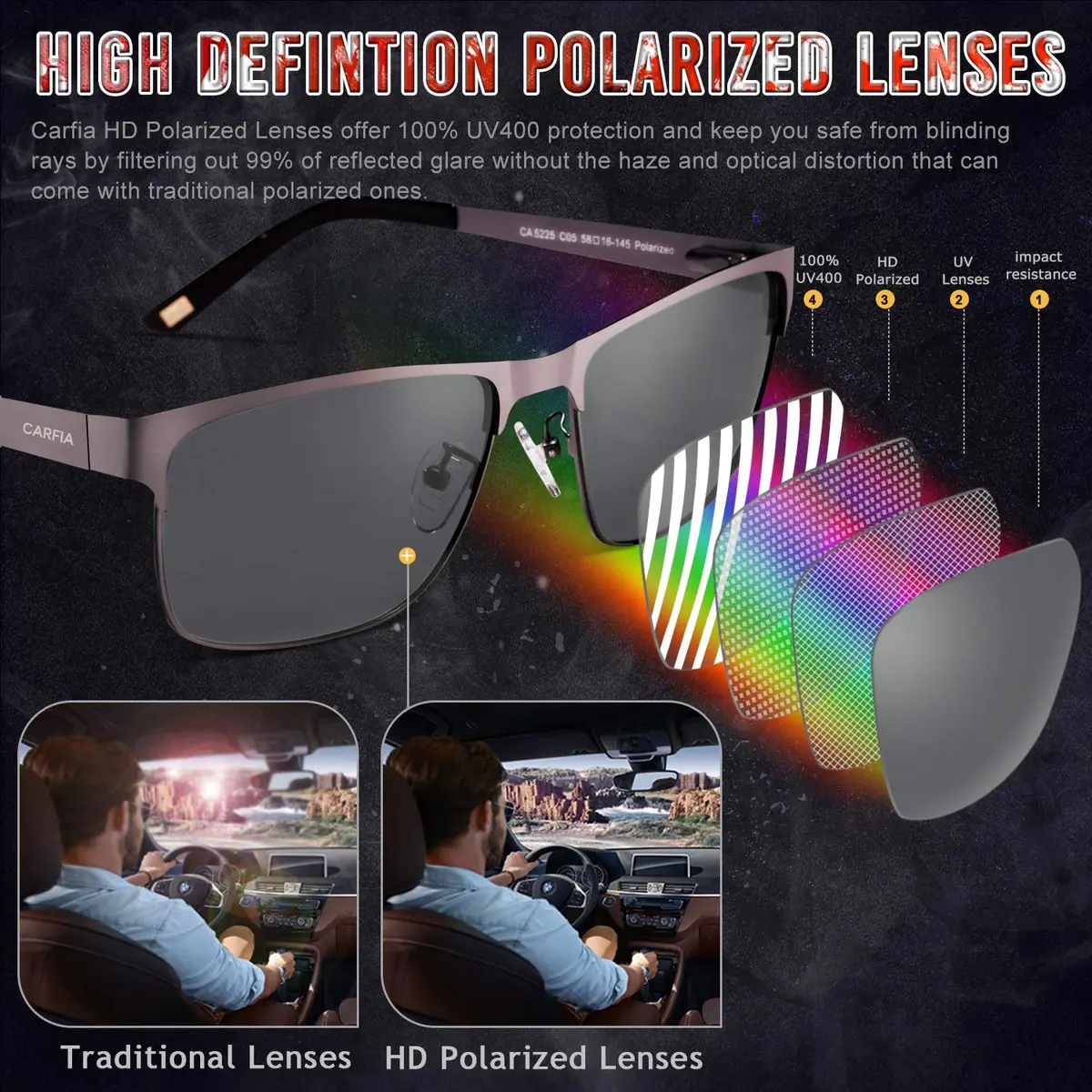 CARFIA Polarized Sunglasses for Men Spring Hinge Metal Frame CA5225 | Classic Square Design, UV400, Spring Hinge, Includes Leather Case - view 3