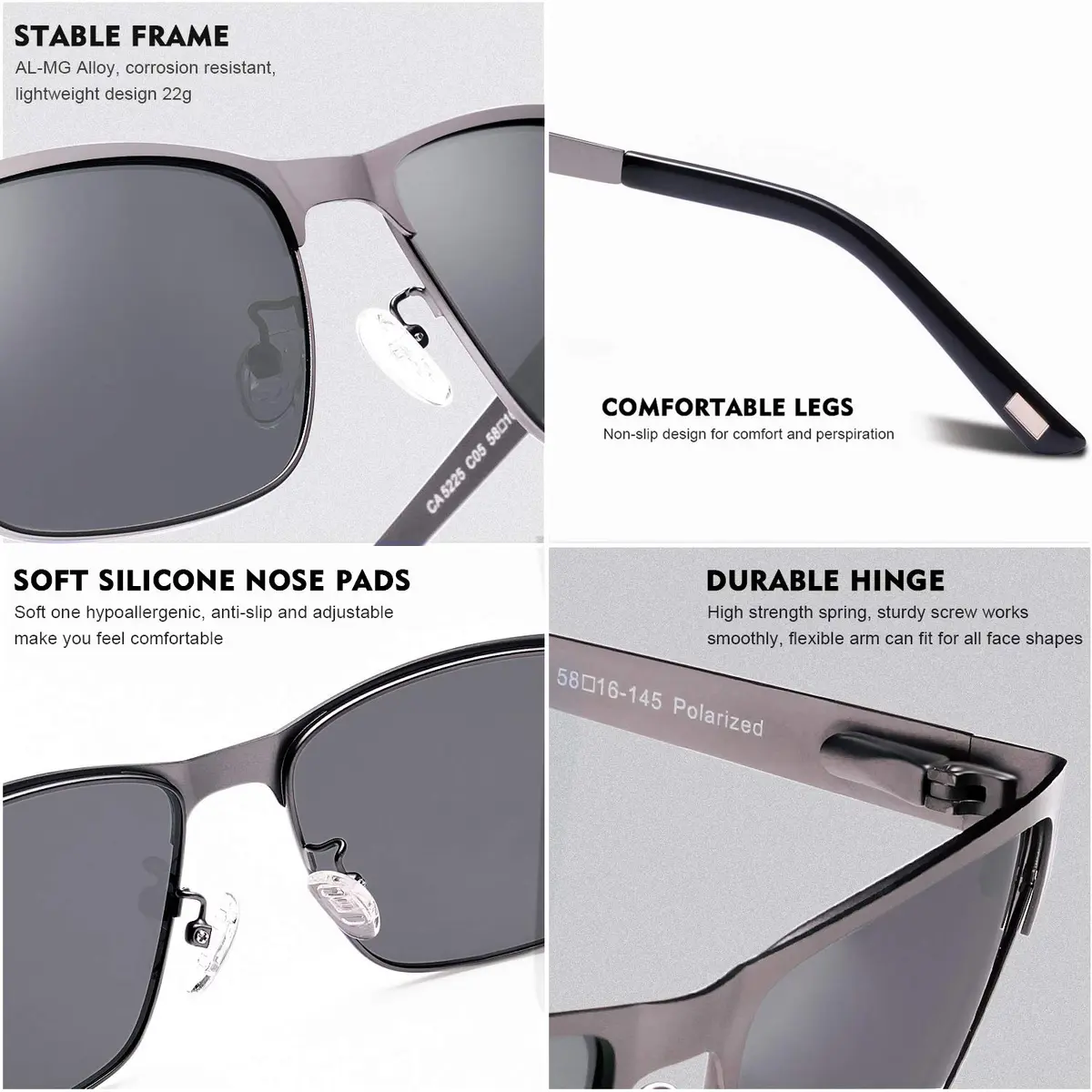 CARFIA Polarized Sunglasses for Men Spring Hinge Metal Frame CA5225 | Classic Square Design, UV400, Spring Hinge, Includes Leather Case - view 4