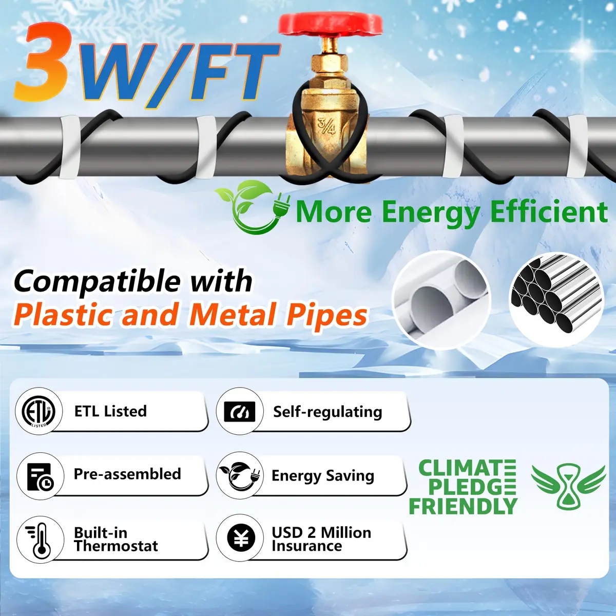 HEATIT 100 ft Self-Regulating Pipe Heat Cable with Thermostat ETL Listed 3W | Pipe Freeze Protection in Extreme Weather - view 3