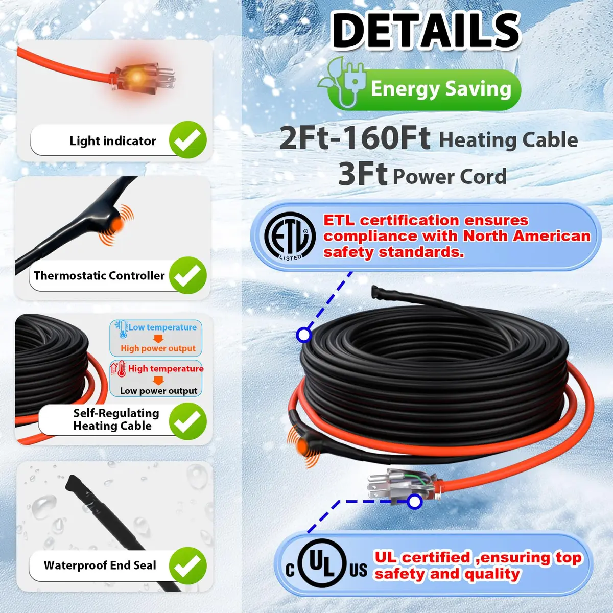 HEATIT 100 ft Self-Regulating Pipe Heat Cable with Thermostat ETL Listed 3W | Pipe Freeze Protection in Extreme Weather - view 10