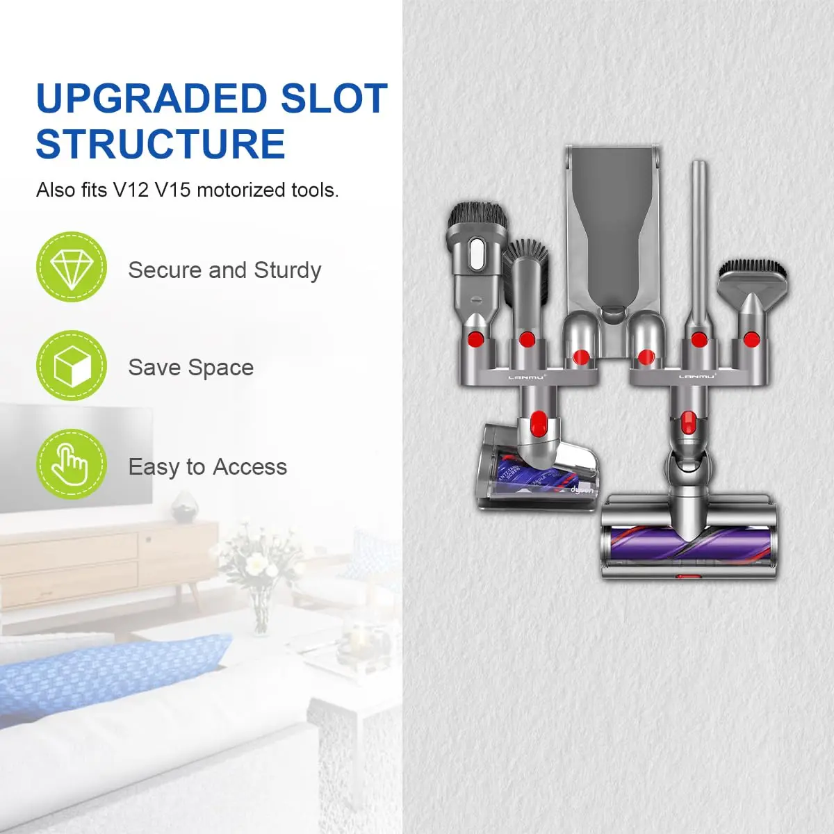 LANMU Accessory Holder for Dyson V15 V11 V10 V8 V7 Outsize Gen5 Vacuum Cleaners | Drill-Free Docking Station Organizer with 6 Slots - view 4