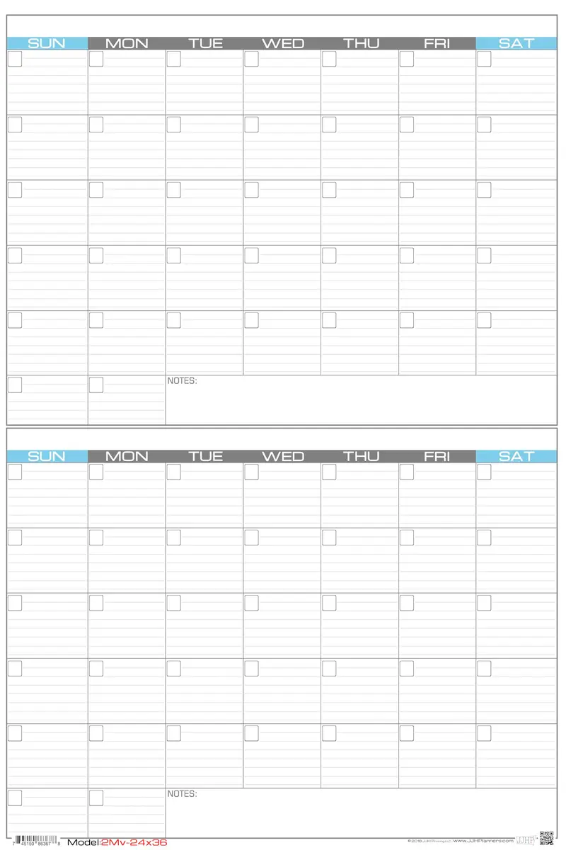 JJH Planners Laminated 2 Month Vertical Wall Calendar Large | Undated, Reusable, US-Made - main product image