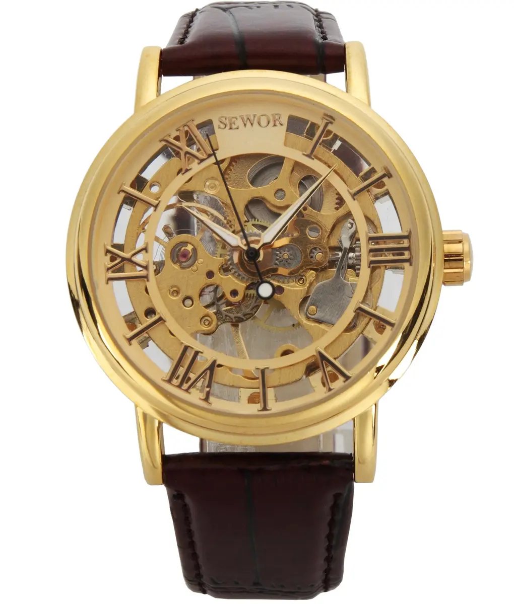 SEWOR Men's Mechanical Skeleton Watch 41mm (Gold) | Vintage Style Leather Strap - main product image