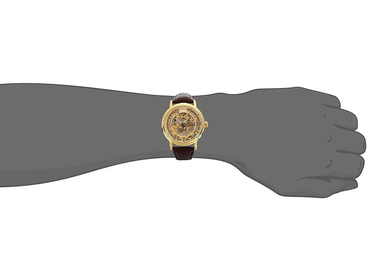 SEWOR Men's Mechanical Skeleton Watch 41mm (Gold) | Vintage Style Leather Strap - view 5
