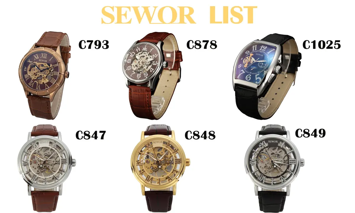 SEWOR Men's Mechanical Skeleton Watch 41mm (Gold) | Vintage Style Leather Strap - view 6