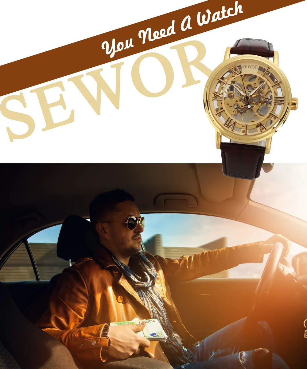 SEWOR Men's Mechanical Skeleton Watch 41mm (Gold) | Vintage Style Leather Strap - view 2