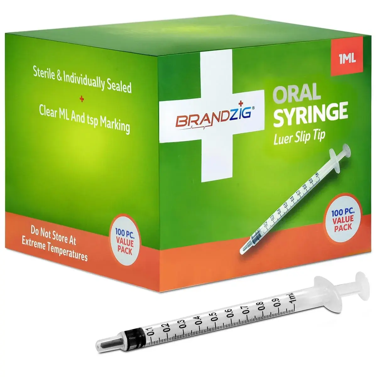 BRANDZIG 1ml Oral Syringe 100 Count | Sterile Luer Slip Tip for Infants, Toddlers, Pets - main product image