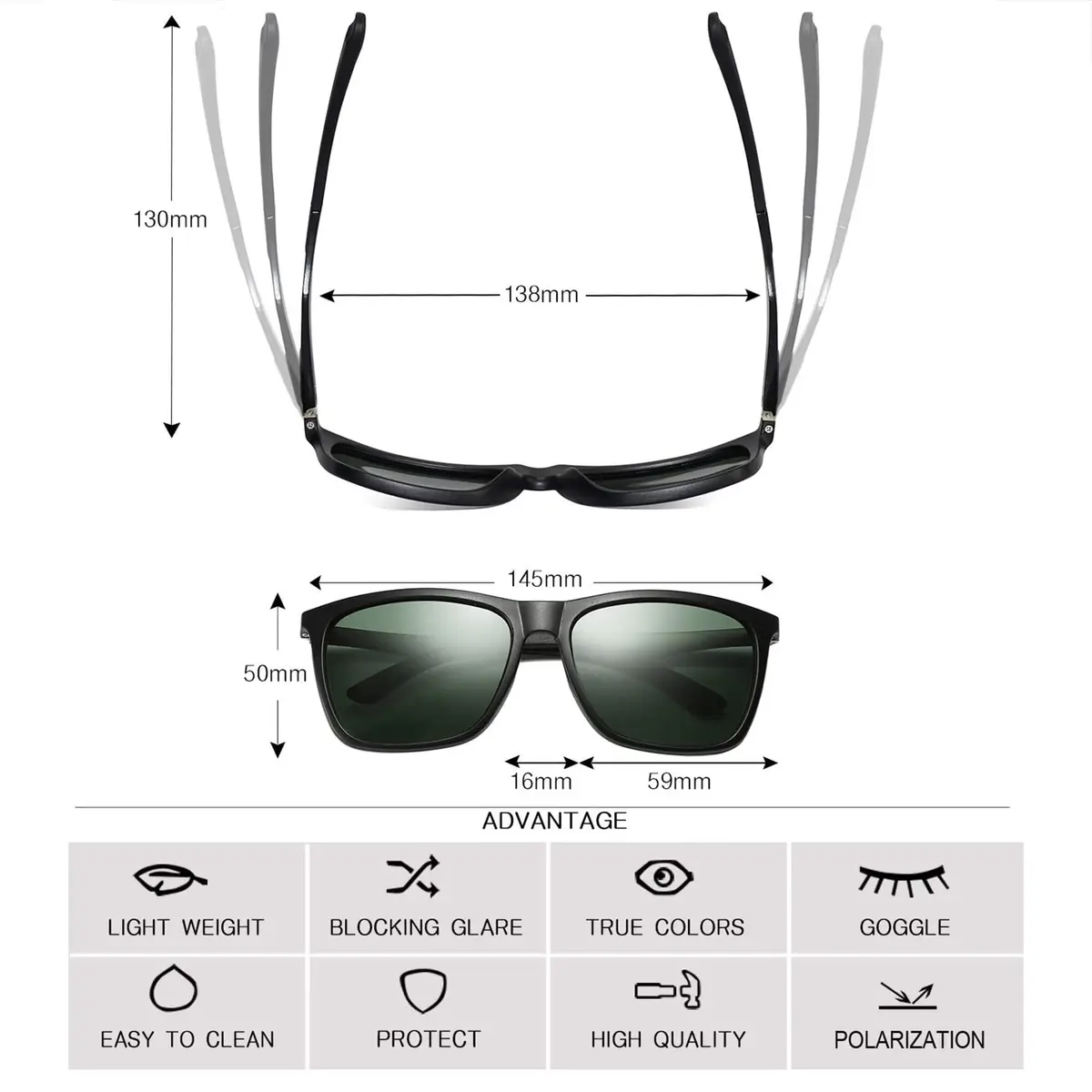 monrich Polarized Rectangular Sunglasses for Men, Matte Black Frame & Green Lens | UV400 Protection - view 4