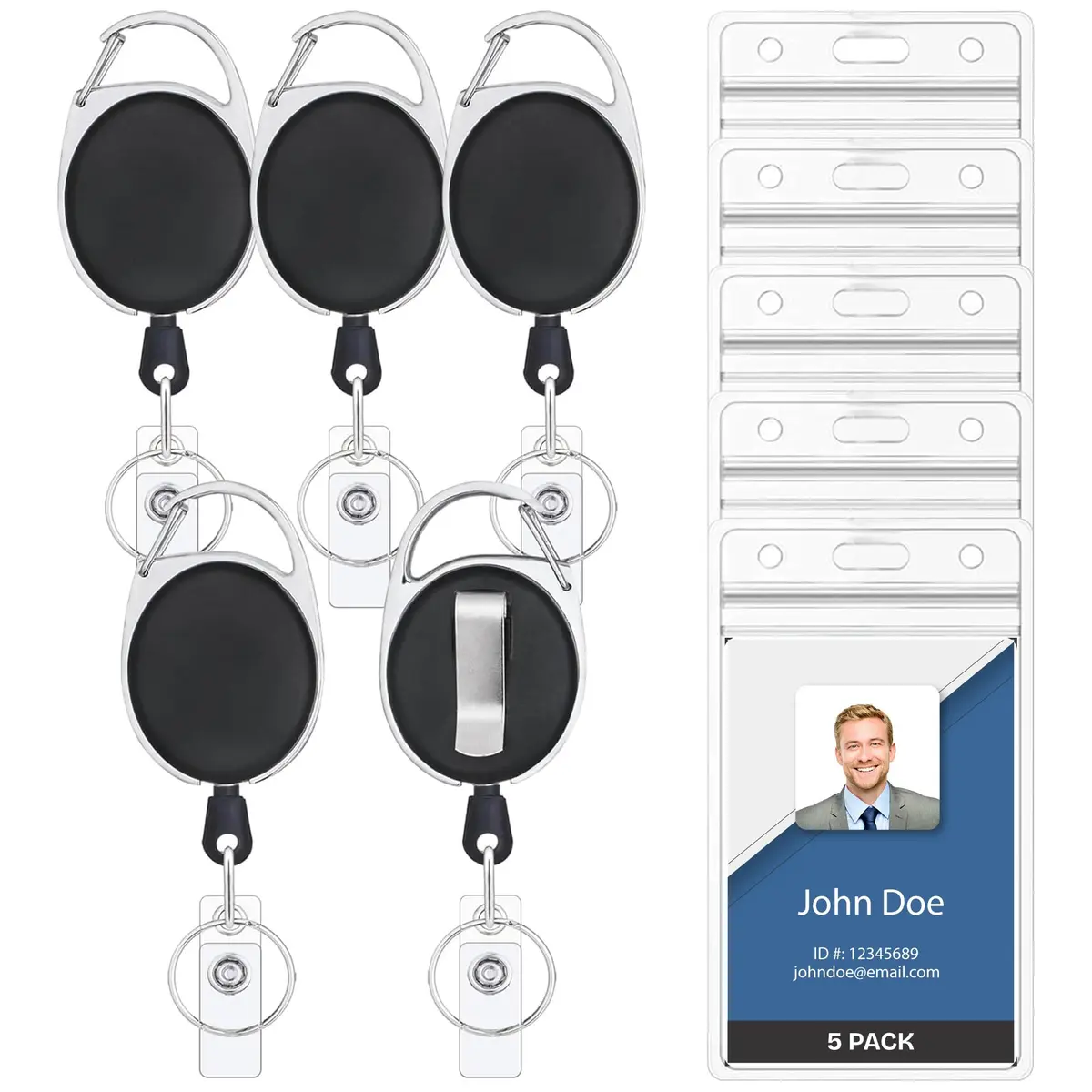 Will Well Heavy Duty ID Badge Holder Retractable 5 Pack - Vertical - Black | Reinforced UHMWPE Cord, 3.5oz Load, Versatile Clip - main product image