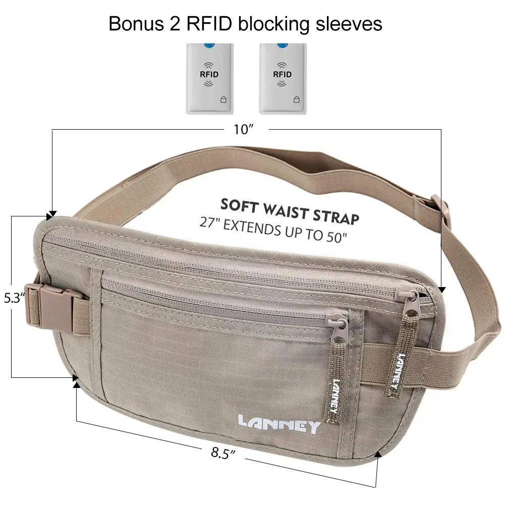 LANNEY Slim RFID Blocking Money Belt with Passport Holder & 2 RFID Sleeves | 27cm (10.6") x 14cm (5.5") - view 6