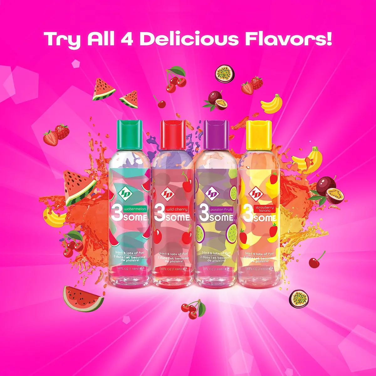 ID Lubricants 3some Flavored Sensual Massage – Strawberry Banana 4 fl oz | 3-in-1 flavored lubricant for oral, massage & warming fun - view 5