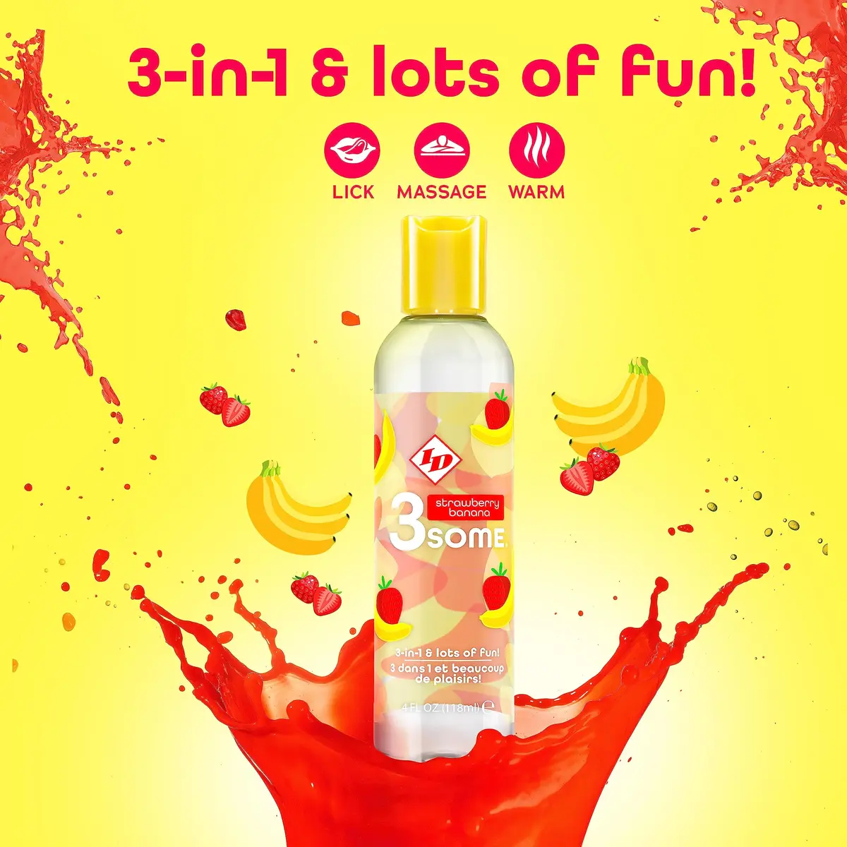 ID Lubricants 3some Flavored Sensual Massage – Strawberry Banana 4 fl oz | 3-in-1 flavored lubricant for oral, massage & warming fun - view 4