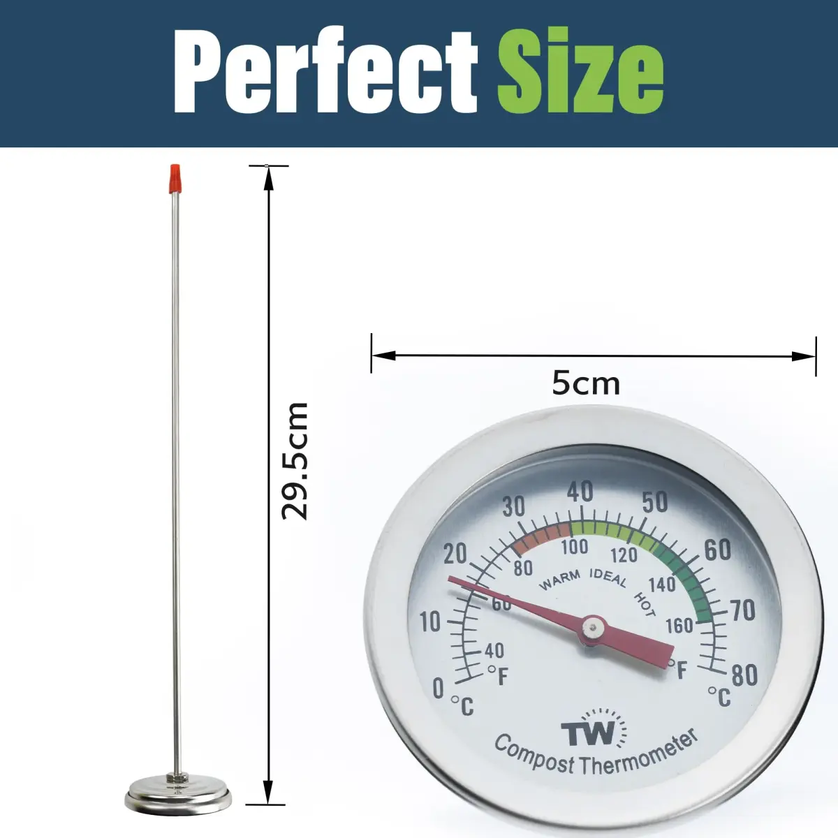 Thermometer World Compost Thermometer Stainless Steel Dial with 295MM Probe & 50MM Dial | Measures 29.5cm (11.61in) Probe Length - view 5