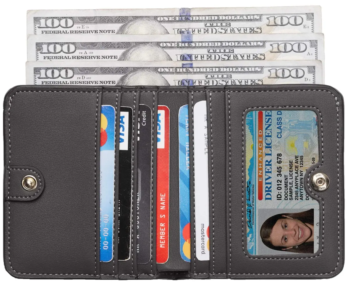 Toughergun Women's Slim Leather Wallet in 06 ReNapa Grey Deep - Compact Bifold RFID Mini Purse - view 2