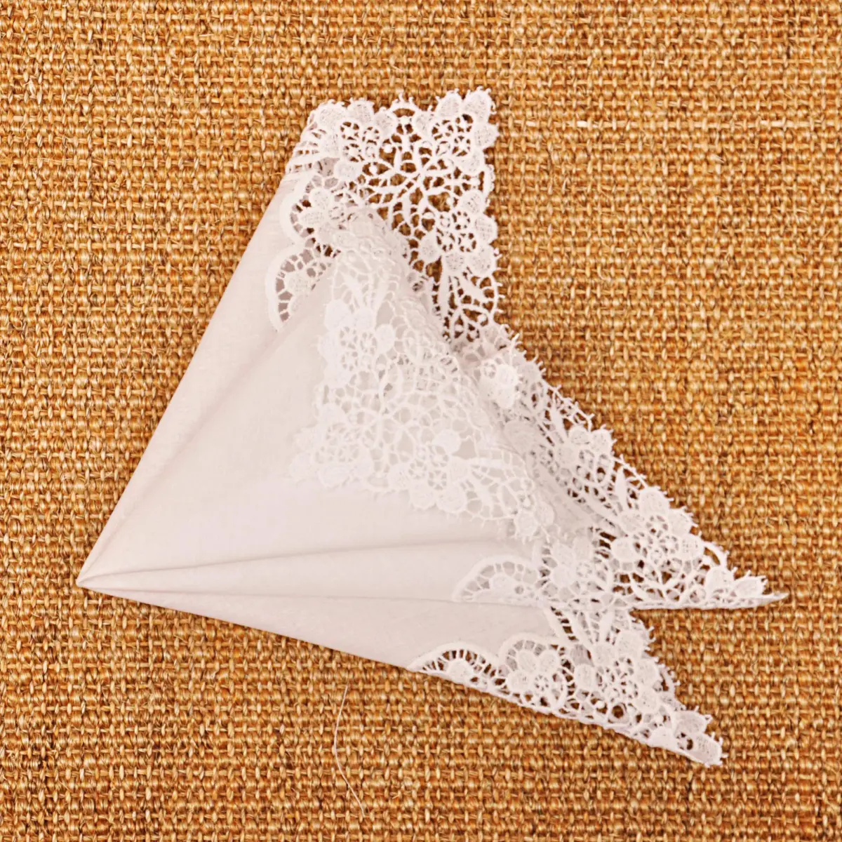 Milesky White Wedding Handkerchief Pure Cotton with Crochet Lace | 30x30cm (11.5x11.5") - view 5