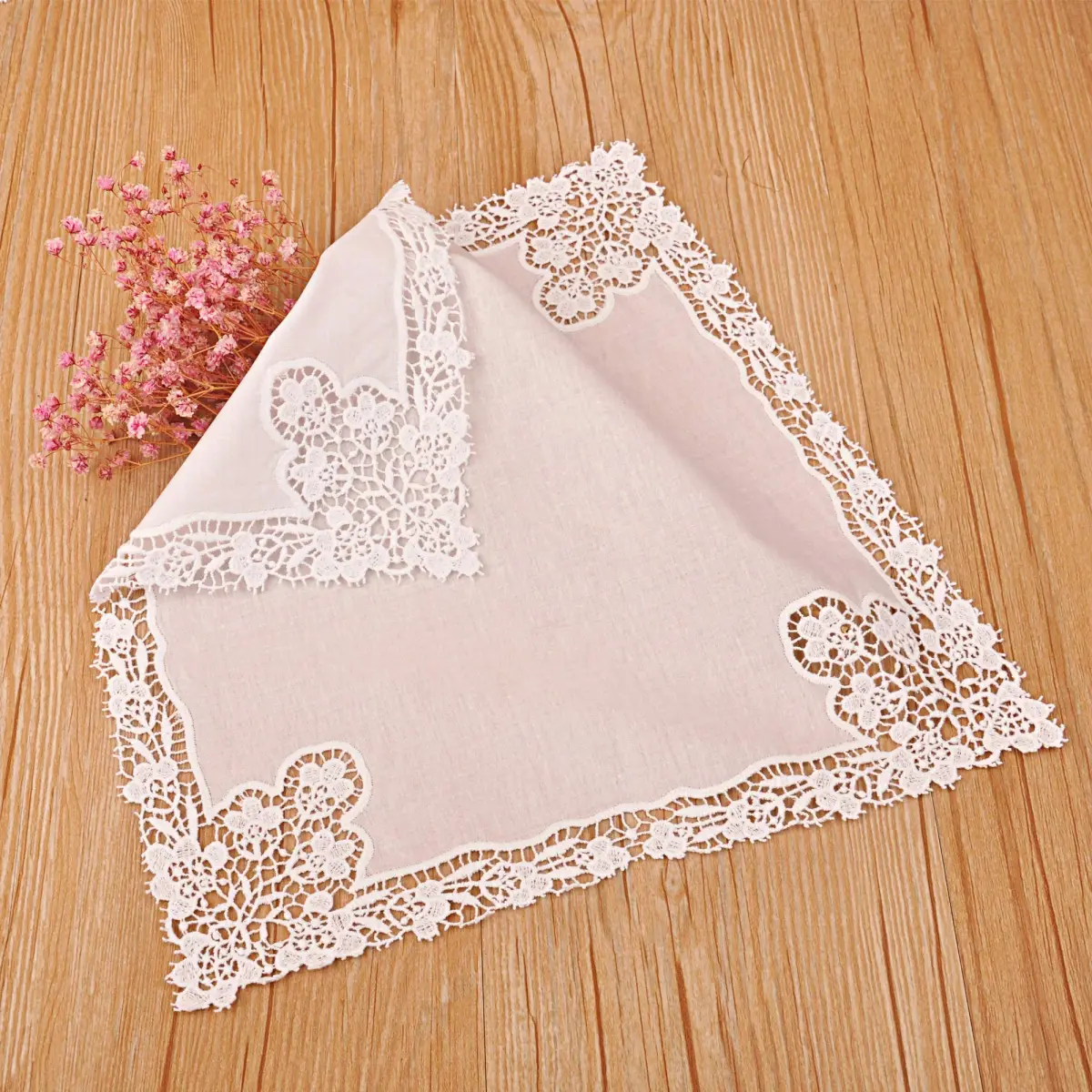 Milesky White Wedding Handkerchief Pure Cotton with Crochet Lace | 30x30cm (11.5x11.5") - view 2