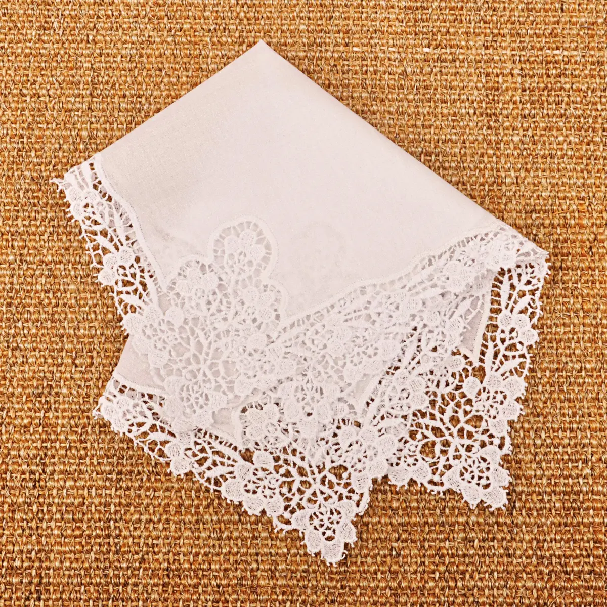 Milesky White Wedding Handkerchief Pure Cotton with Crochet Lace | 30x30cm (11.5x11.5") - view 3