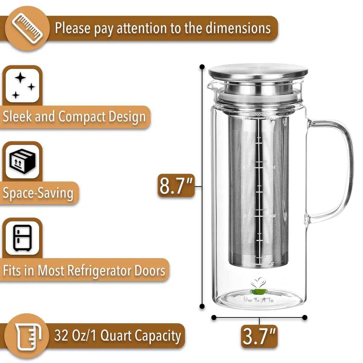 Brew To A Tea Cold Brew Coffee Maker, 32 oz | Airtight, Stainless Steel Mesh, Borosilicate Glass - view 2