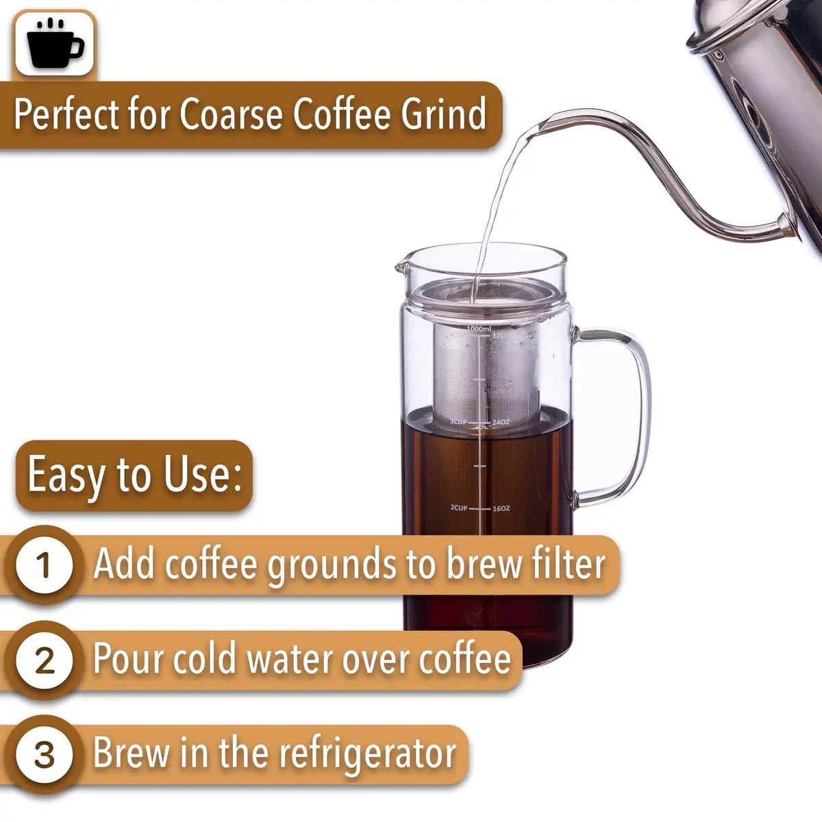 Brew To A Tea Cold Brew Coffee Maker, 32 oz | Airtight, Stainless Steel Mesh, Borosilicate Glass - view 4