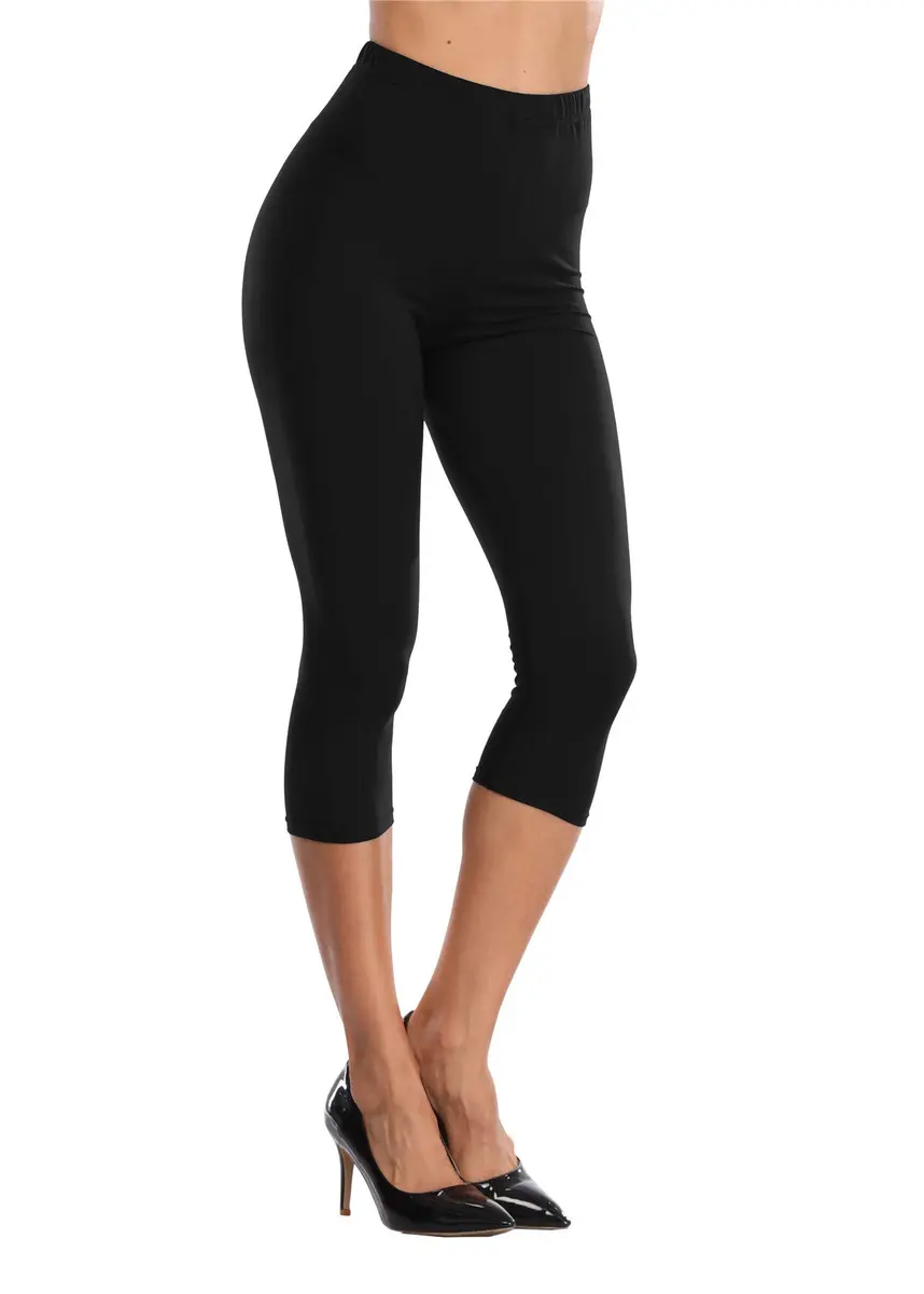 Kotii Women's Soft Capri Leggings 3/4 Cropped High Waisted Black | Ultra Soft Fit for All Sizes - view 2