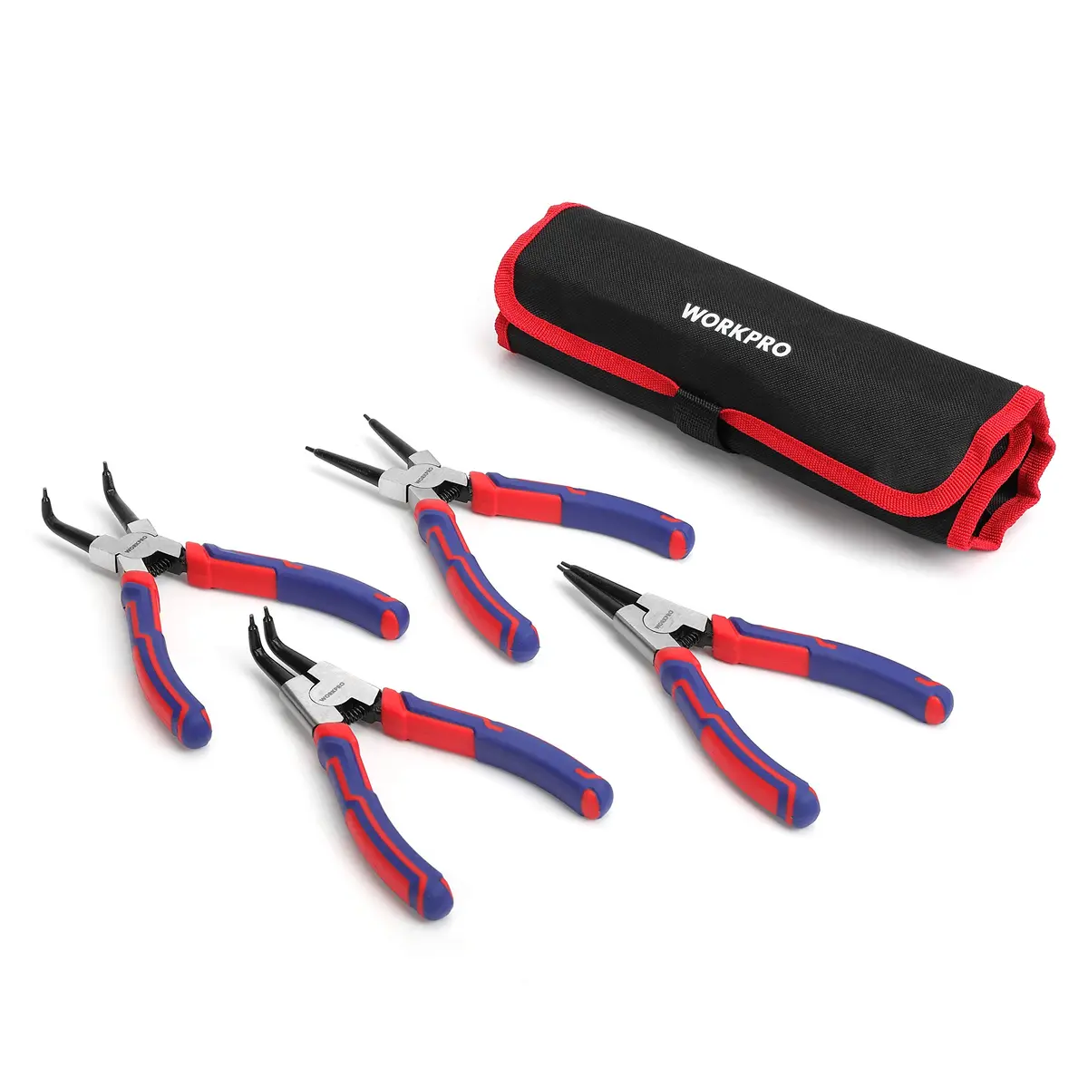 WORKPRO 4-Piece 7-Inch Snap Ring Pliers Set with Pouch | CR-V Steel, 0.07" Tips, 0.9"-1.77" Capacity - main product image