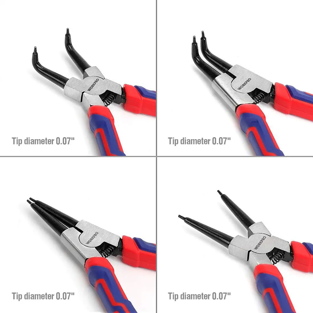 WORKPRO 4-Piece 7-Inch Snap Ring Pliers Set with Pouch | CR-V Steel, 0.07" Tips, 0.9"-1.77" Capacity - view 2