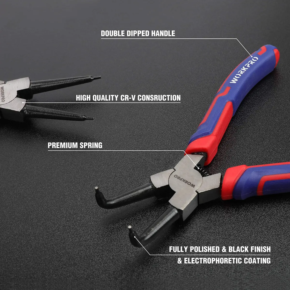 WORKPRO 4-Piece 7-Inch Snap Ring Pliers Set with Pouch | CR-V Steel, 0.07" Tips, 0.9"-1.77" Capacity - view 3