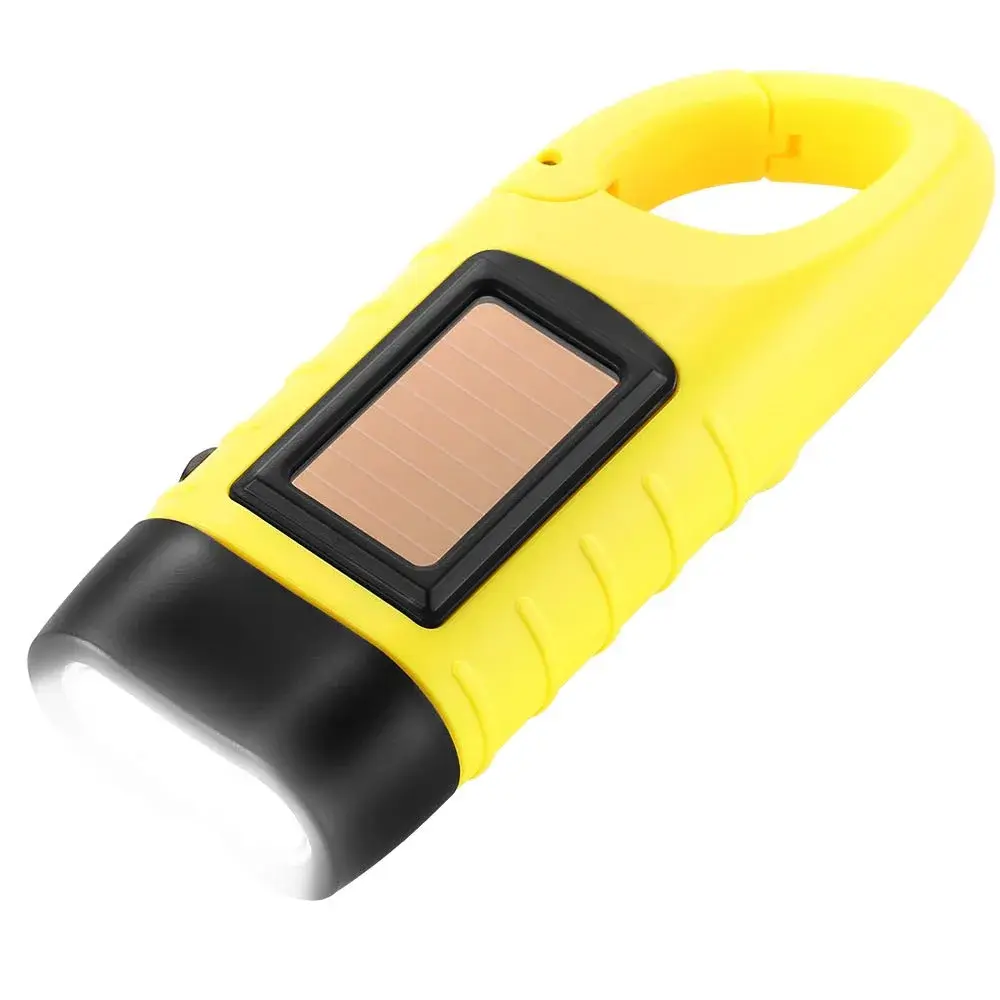 Simpeak Hand Crank Solar Flashlight, Rechargeable LED Dynamo Carabiner Clip Backpack Torch (Yellow, 200 Lumens) - main product image