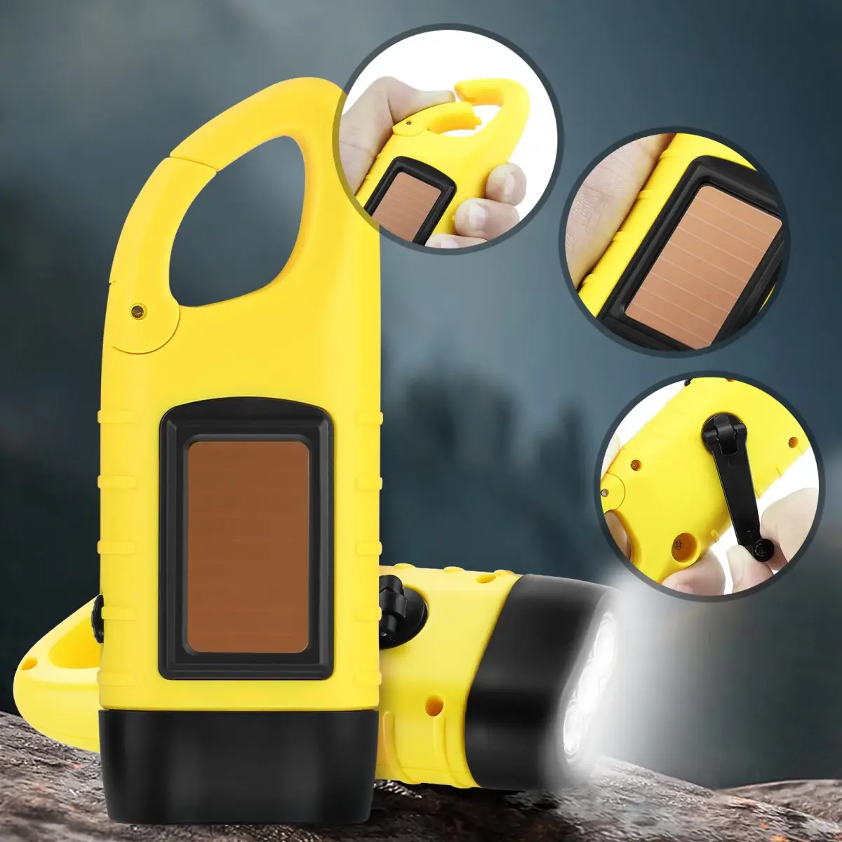 Simpeak Hand Crank Solar Flashlight, Rechargeable LED Dynamo Carabiner Clip Backpack Torch (Yellow, 200 Lumens) - view 6